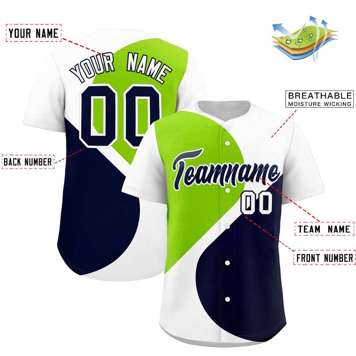 Custom White Neon Green-Navy Color Block Personalized Half Heart Pattern Authentic Baseball Jersey| KXKSHOP
