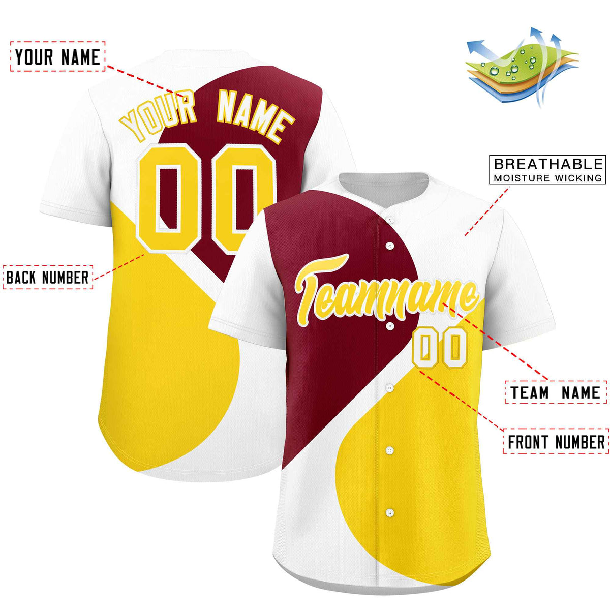 Custom White Crimson-Gold Color Block Personalized Half Heart Pattern Authentic Baseball Jersey| KXKSHOP