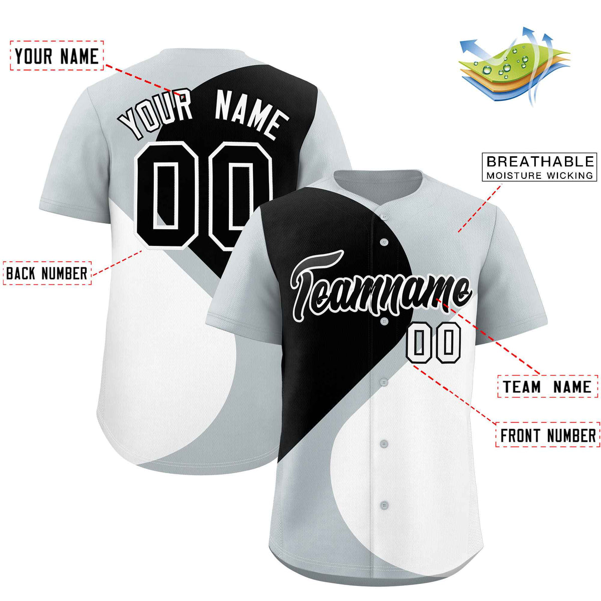 Custom Silver Black-White Color Block Personalized Half Heart Pattern Authentic Baseball Jersey| KXKSHOP