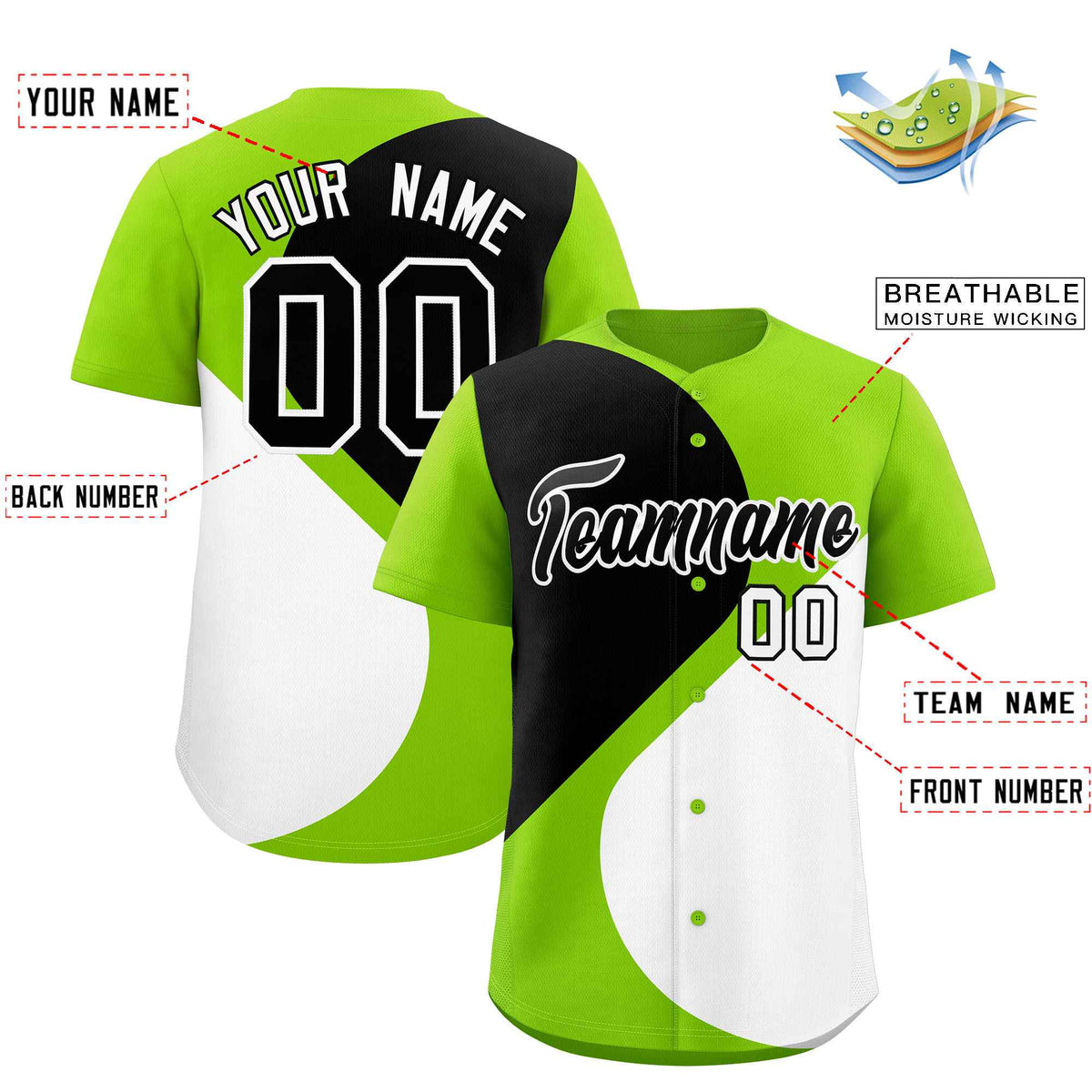 Custom Neon Green Black-White Color Block Personalized Half Heart Pattern Authentic Baseball Jersey| KXKSHOP