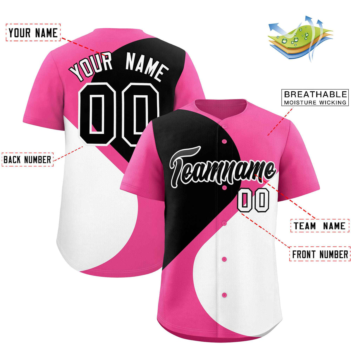 Custom Pink Black-White Color Block Personalized Half Heart Pattern Authentic Baseball Jersey| KXKSHOP