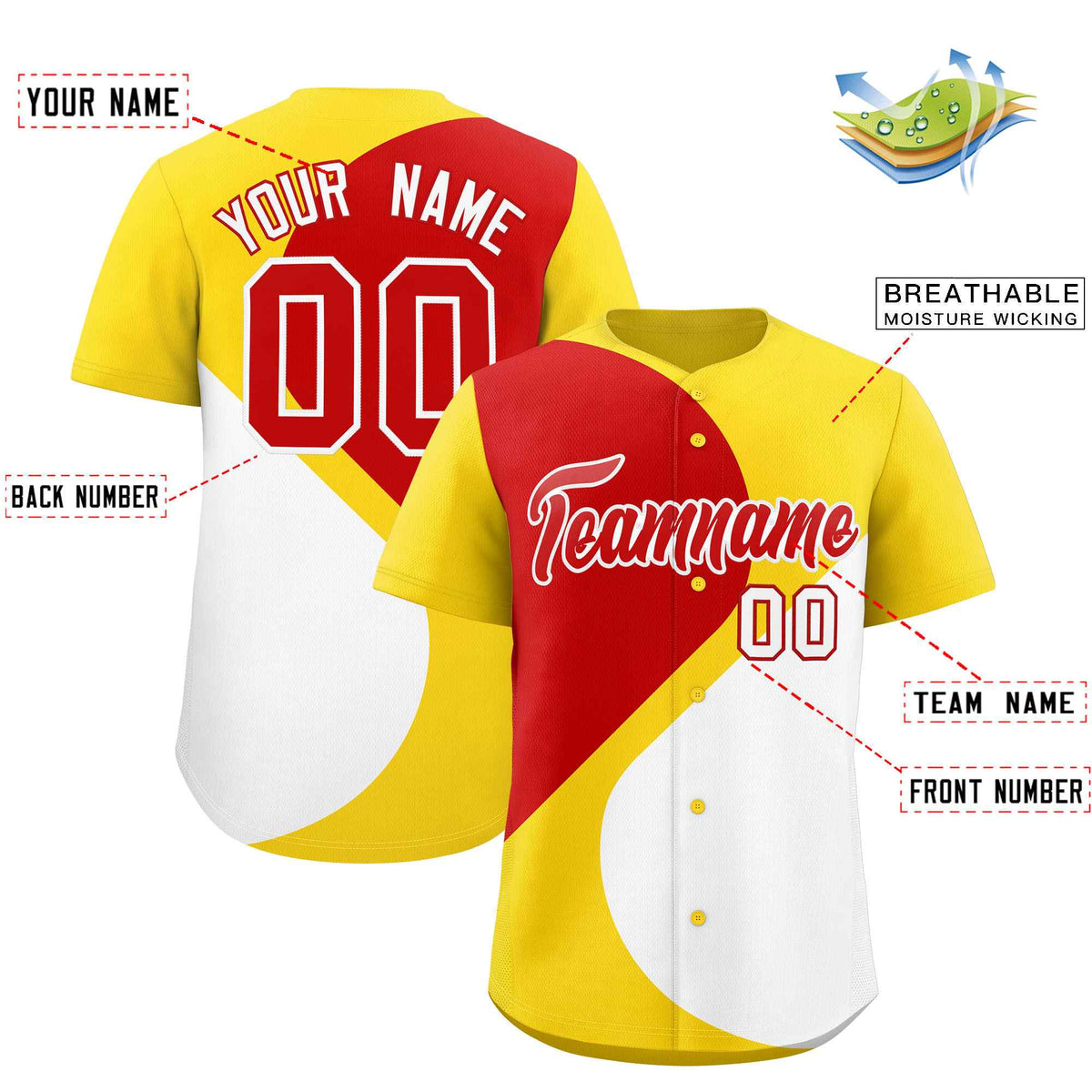 Custom Gold Red-White Color Block Personalized Half Heart Pattern Authentic Baseball Jersey| KXKSHOP