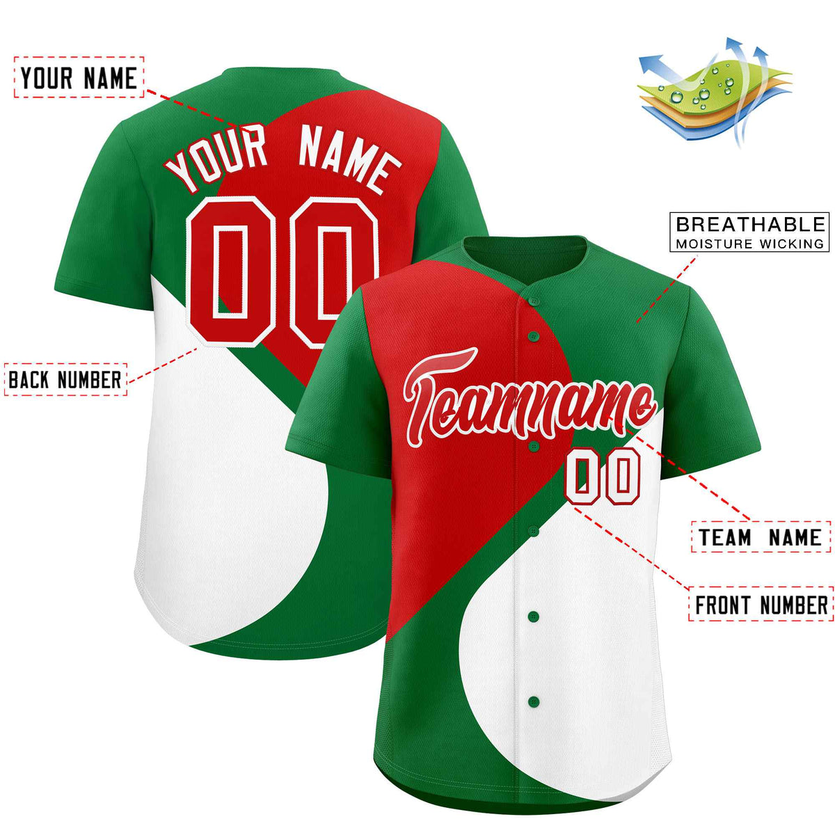 Custom Kelly Green Red-White Color Block Personalized Half Heart Pattern Authentic Baseball Jersey| KXKSHOP