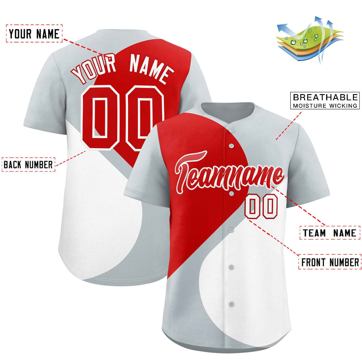 Custom Silver Red-White Color Block Personalized Half Heart Pattern Authentic Baseball Jersey| KXKSHOP