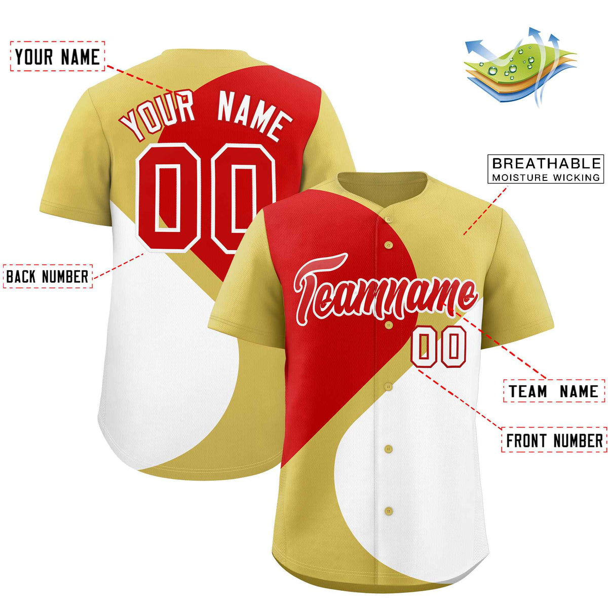 Custom Old Gold Red-White Color Block Personalized Half Heart Pattern Authentic Baseball Jersey| KXKSHOP