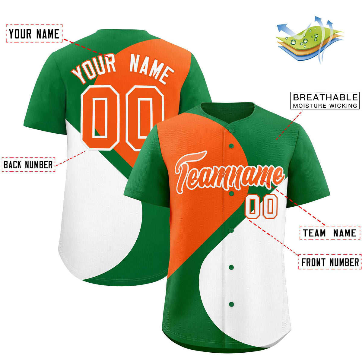 Custom Kelly Green Orange-White Color Block Personalized Half Heart Pattern Authentic Baseball Jersey| KXKSHOP