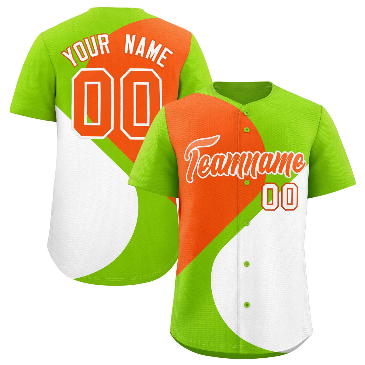 Custom Neon Green Orange-White Color Block Personalized Half Heart Pattern Authentic Baseball Jersey| KXKSHOP
