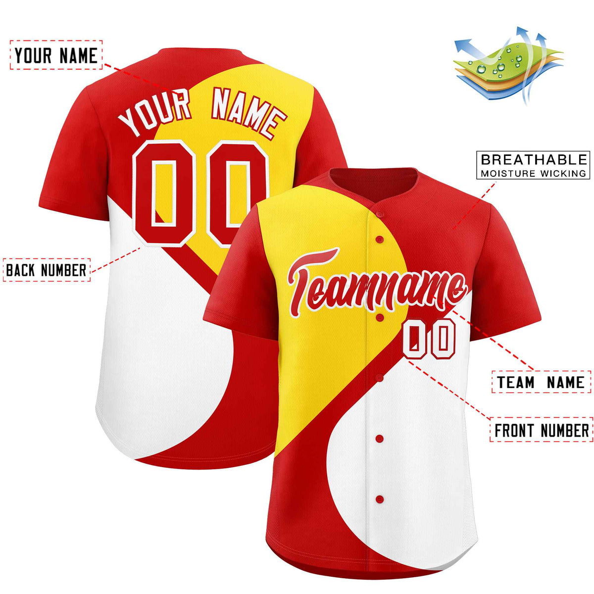 Custom Red Gold-White Color Block Personalized Half Heart Pattern Authentic Baseball Jersey| KXKSHOP