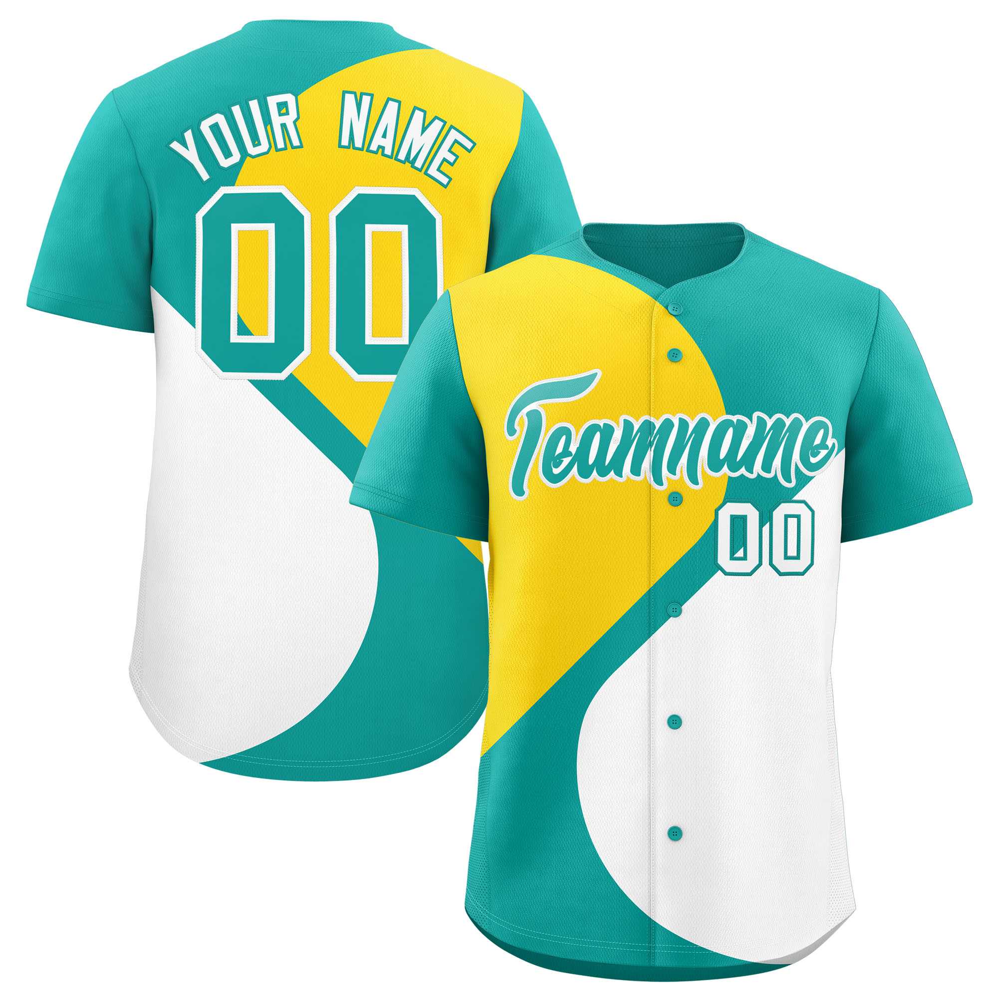 Custom Aqua Gold-White Color Block Personalized Half Heart Pattern Authentic Baseball Jersey| KXKSHOP