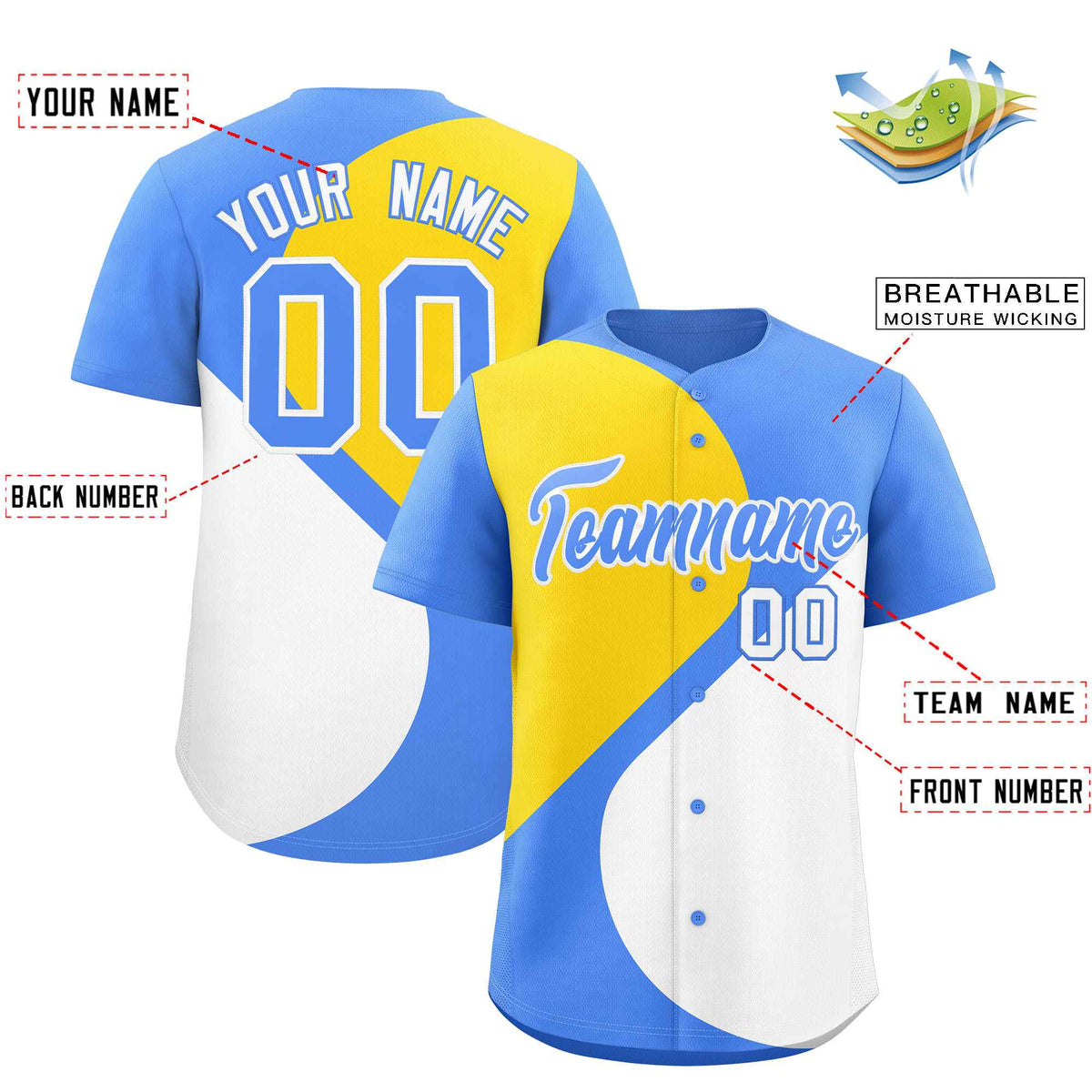 Custom Powder Blue Gold-White Color Block Personalized Half Heart Pattern Authentic Baseball Jersey| KXKSHOP