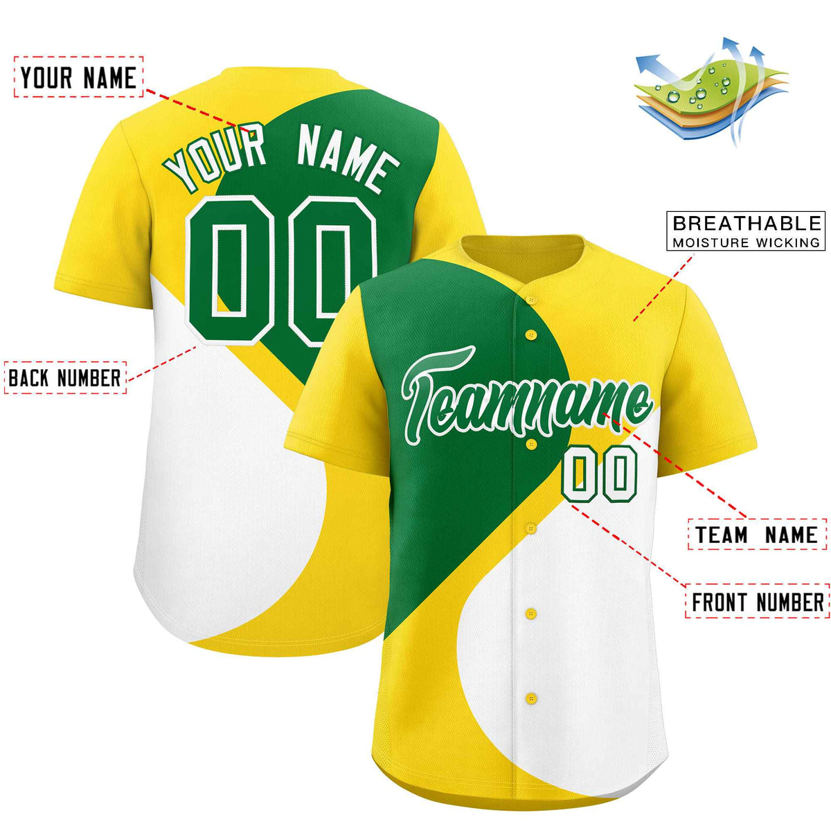 Custom Gold Kelly Green-White Color Block Personalized Half Heart Pattern Authentic Baseball Jersey| KXKSHOP