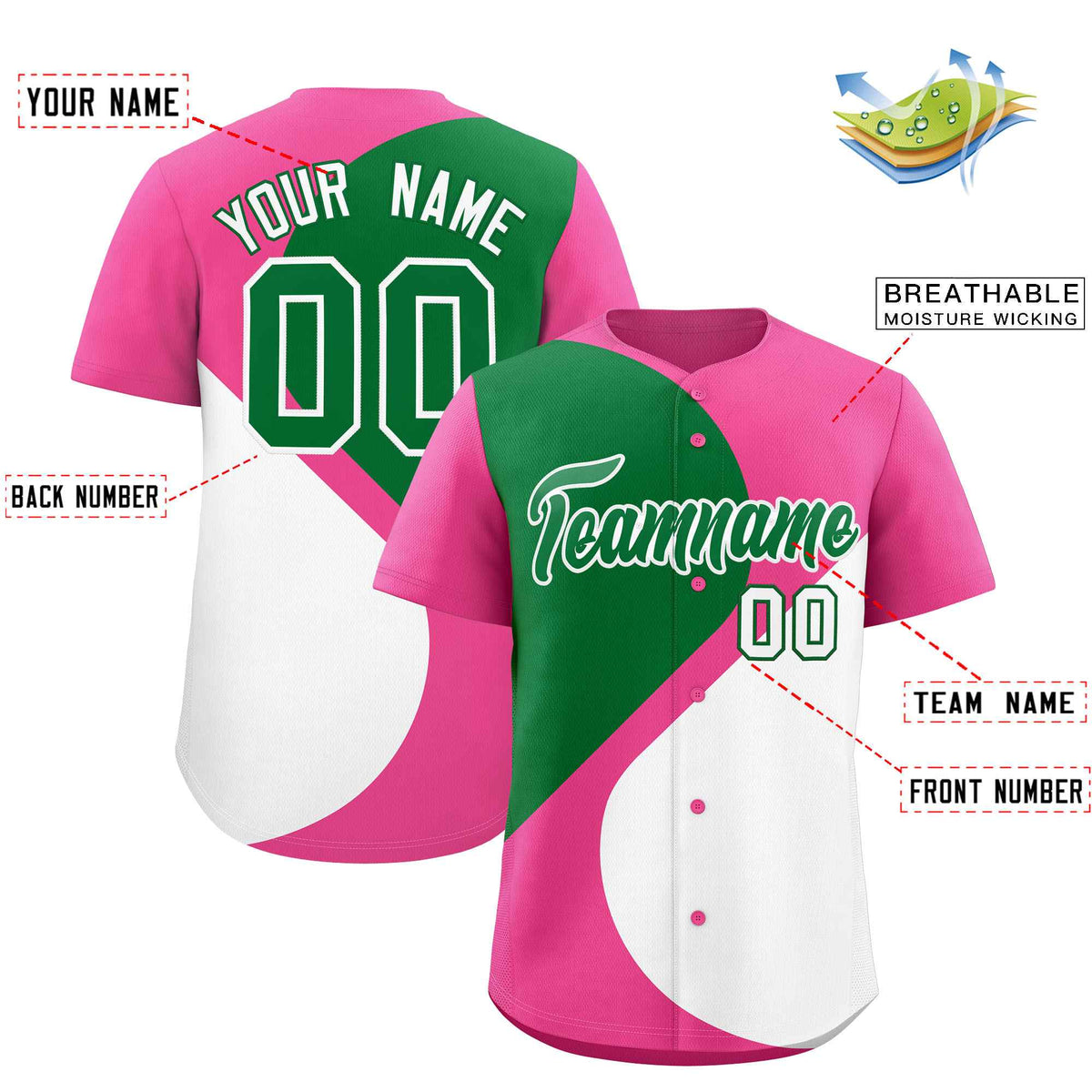 Custom Pink Kelly Green-White Color Block Personalized Half Heart Pattern Authentic Baseball Jersey| KXKSHOP