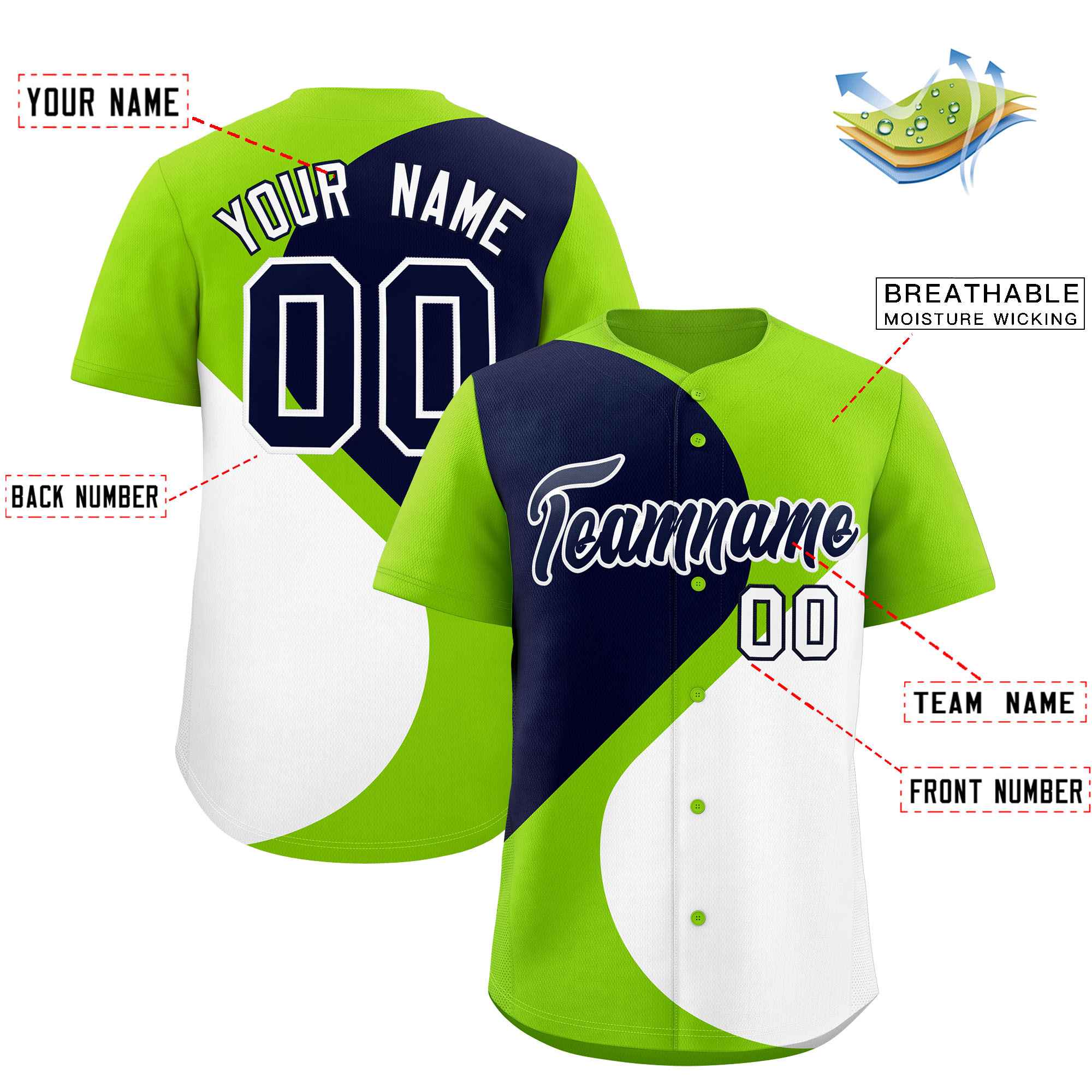 Custom Neon Green Navy-White Color Block Personalized Half Heart Pattern Authentic Baseball Jersey| KXKSHOP