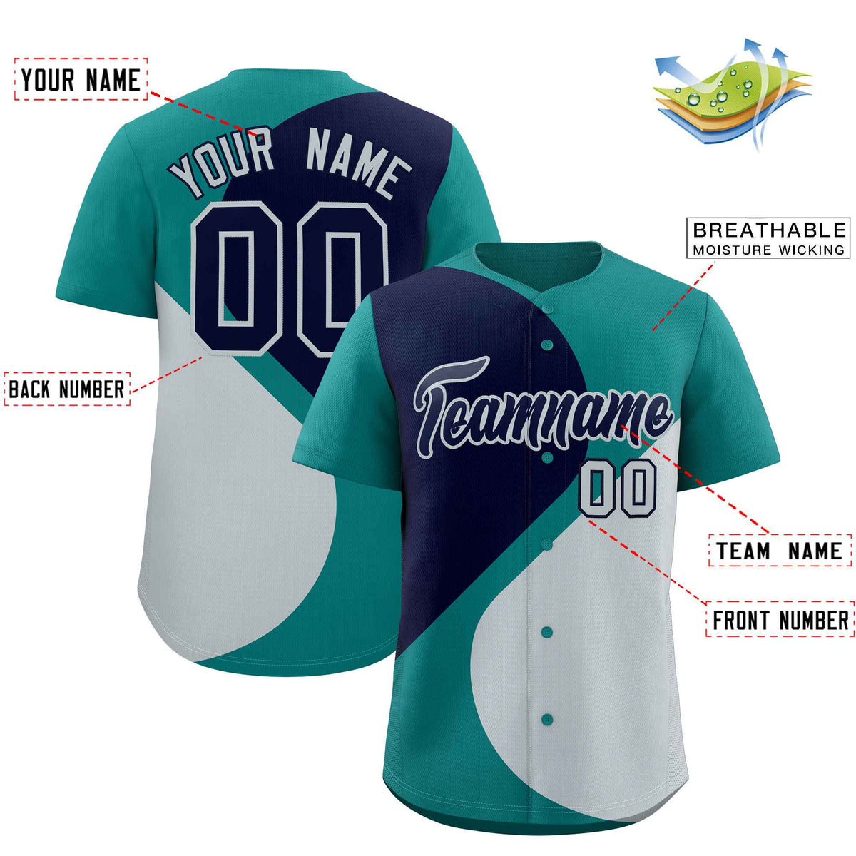 Custom Aqua Navy-Silver Color Block Personalized Half Heart Pattern Authentic Baseball Jersey| KXKSHOP