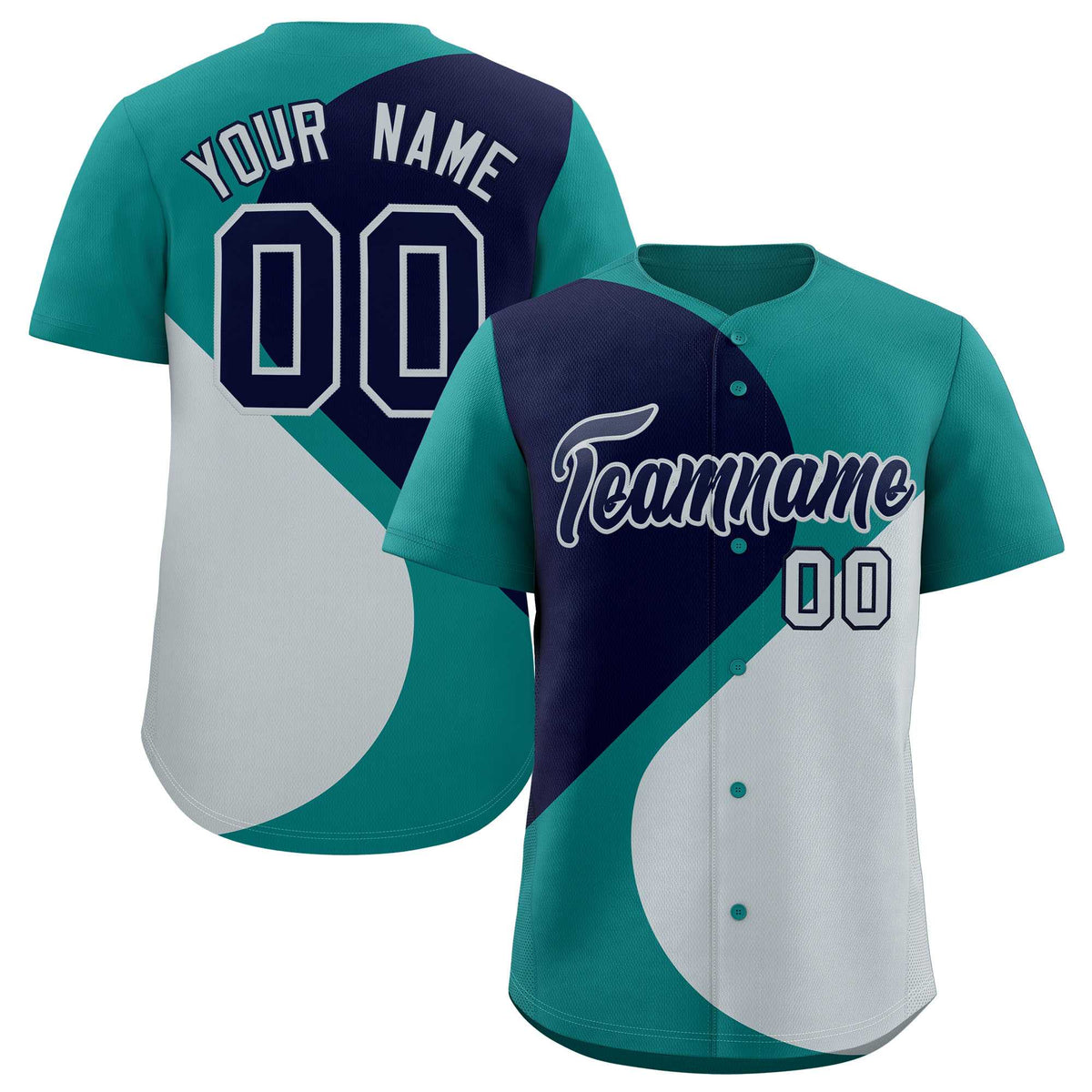 Custom Aqua Navy-Silver Color Block Personalized Half Heart Pattern Authentic Baseball Jersey| KXKSHOP