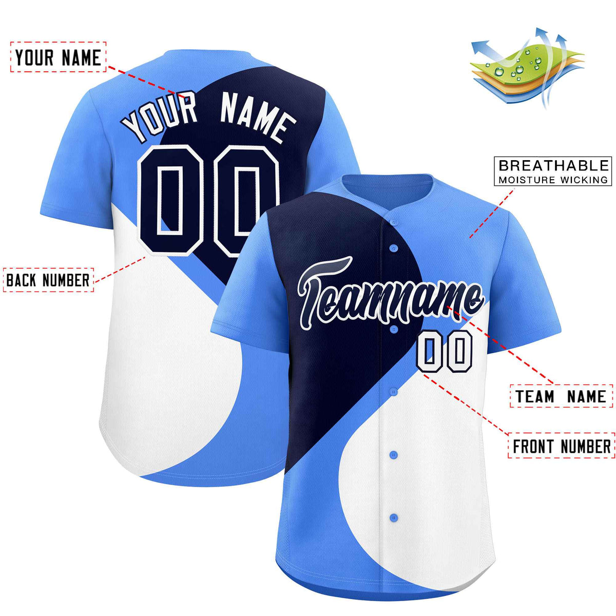 Custom Powder Blue Navy-White Color Block Personalized Half Heart Pattern Authentic Baseball Jersey| KXKSHOP