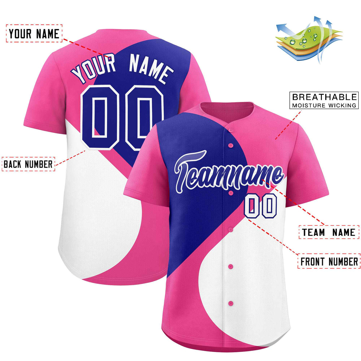 Custom Pink Royal-White Color Block Personalized Half Heart Pattern Authentic Baseball Jersey| KXKSHOP