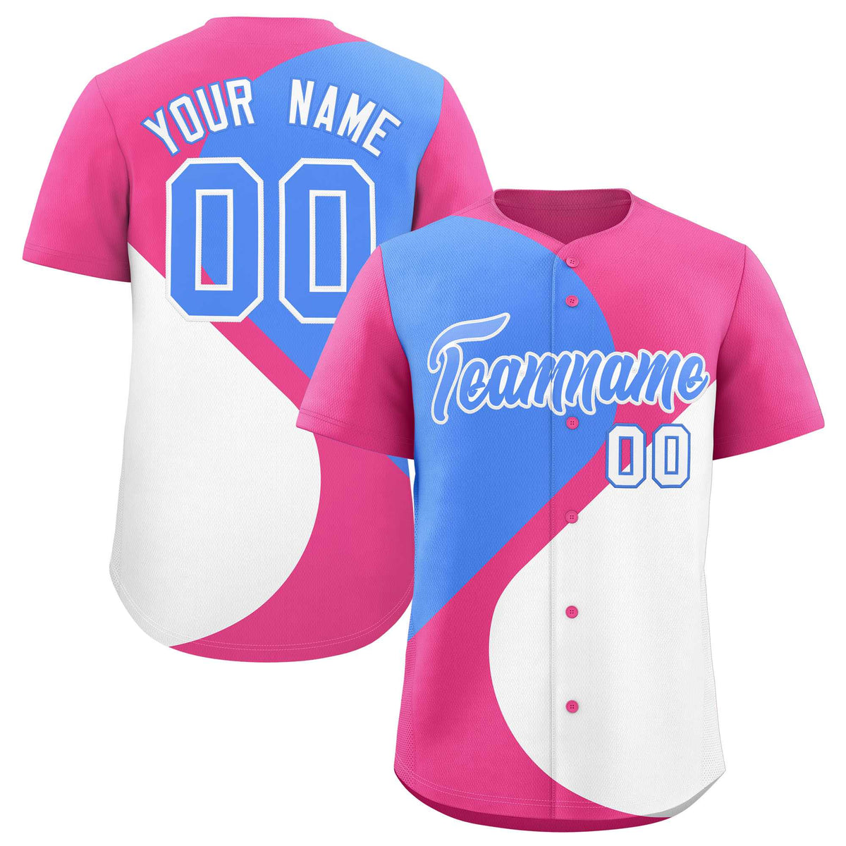 Custom Pink Powder Blue-White Color Block Personalized Half Heart Pattern Authentic Baseball Jersey| KXKSHOP