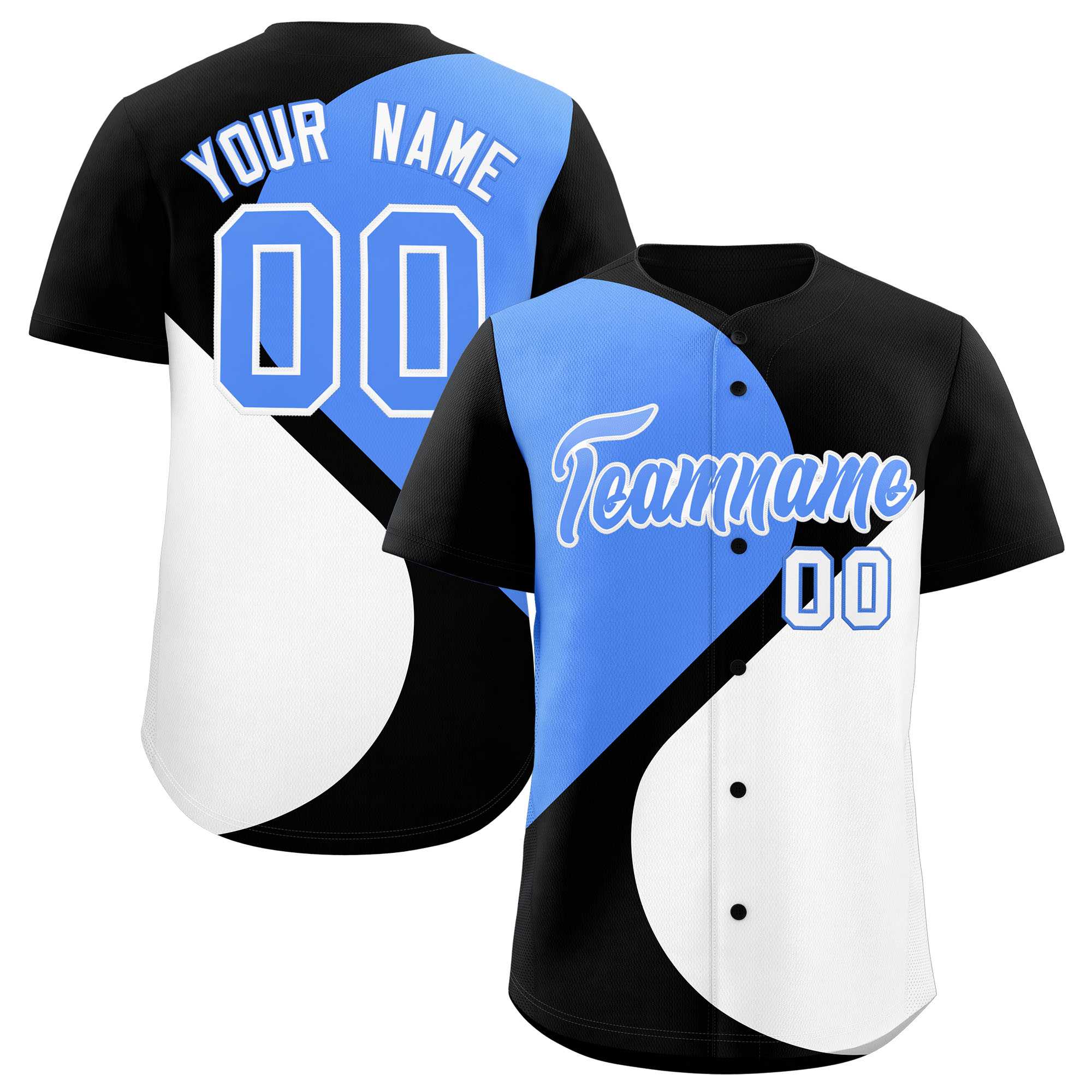 Custom Black Powder Blue-White Color Block Personalized Half Heart Pattern Authentic Baseball Jersey| KXKSHOP