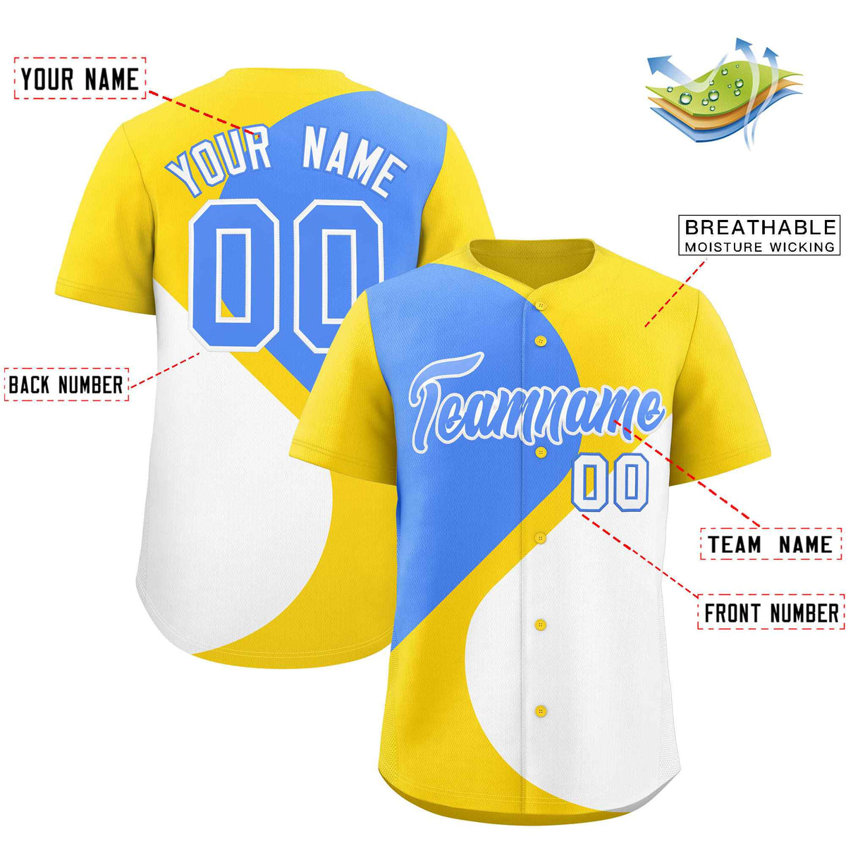 Custom Gold Powder Blue-White Color Block Personalized Half Heart Pattern Authentic Baseball Jersey| KXKSHOP