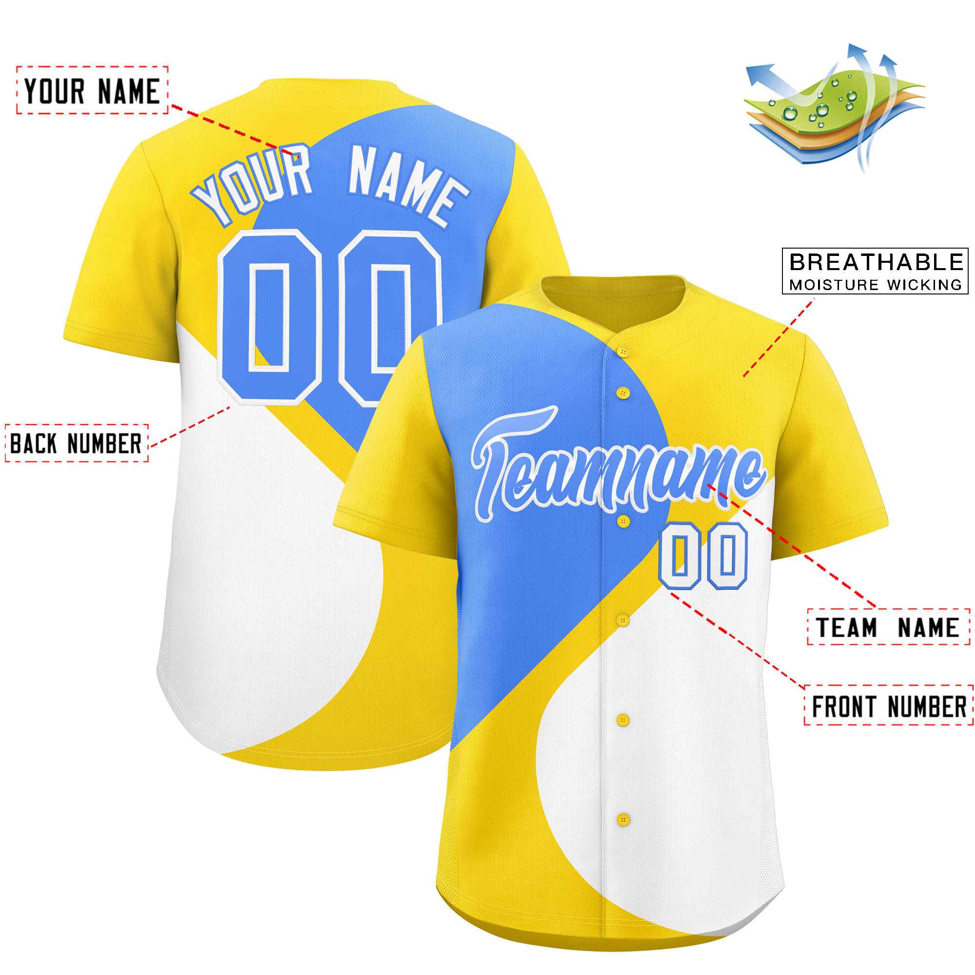 Custom Gold Powder Blue-White Color Block Personalized Half Heart Pattern Authentic Baseball Jersey| KXKSHOP
