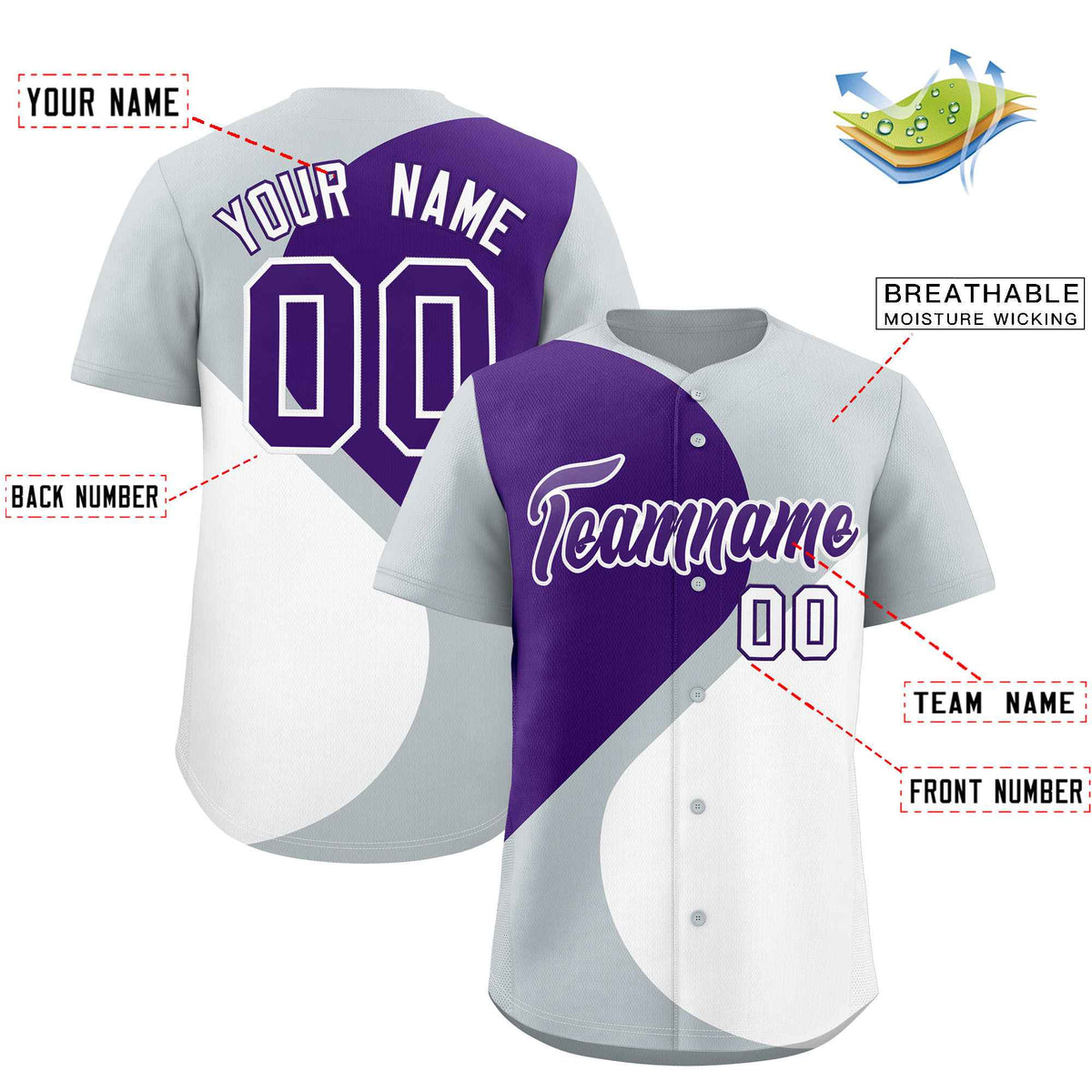 Custom Silver Purple-White Color Block Personalized Half Heart Pattern Authentic Baseball Jersey| KXKSHOP