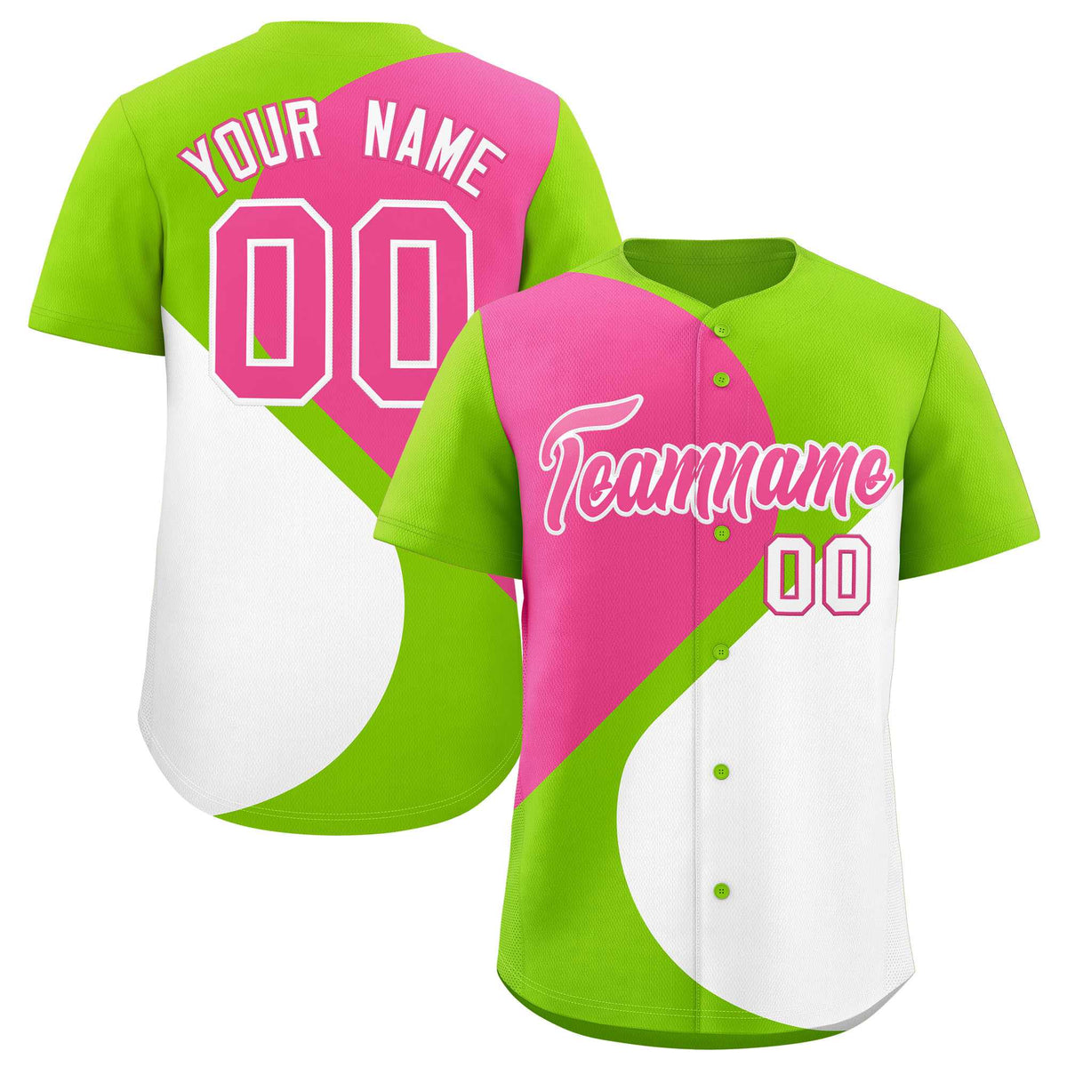 Custom Neon Green Pink-White Color Block Personalized Half Heart Pattern Authentic Baseball Jersey| KXKSHOP
