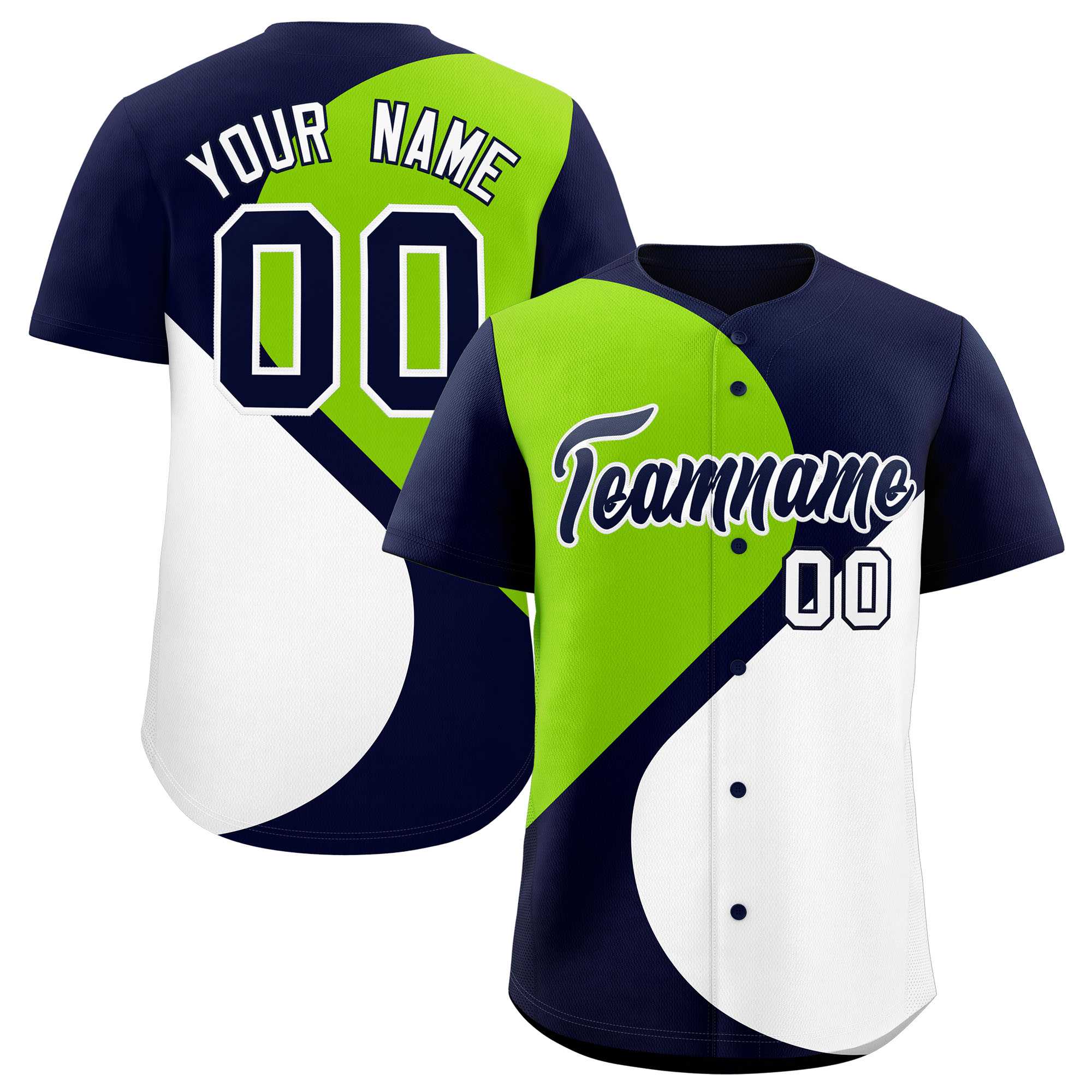 Custom Navy Neon Green-White Color Block Personalized Half Heart Pattern Authentic Baseball Jersey| KXKSHOP