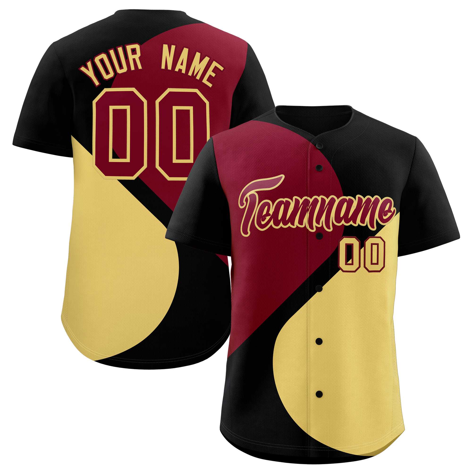Custom Black Crimson-Khaki Color Block Personalized Half Heart Pattern Authentic Baseball Jersey| KXKSHOP