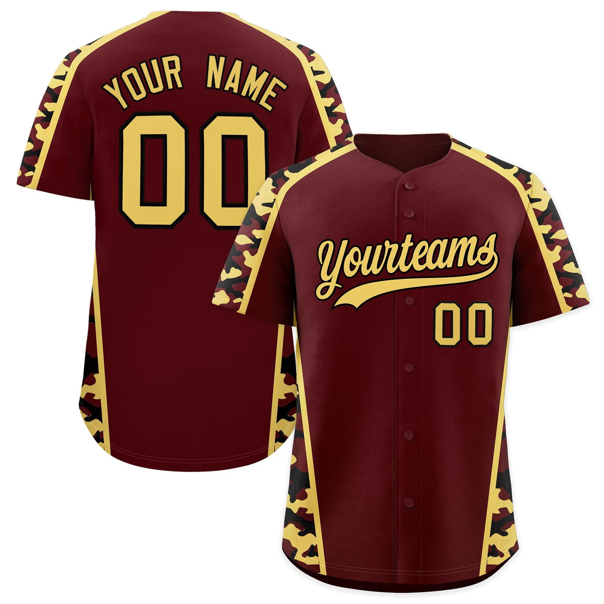 Custom Burgundy Khaki Side Camo Style Personalization Baseball Jersey| KXKSHOP