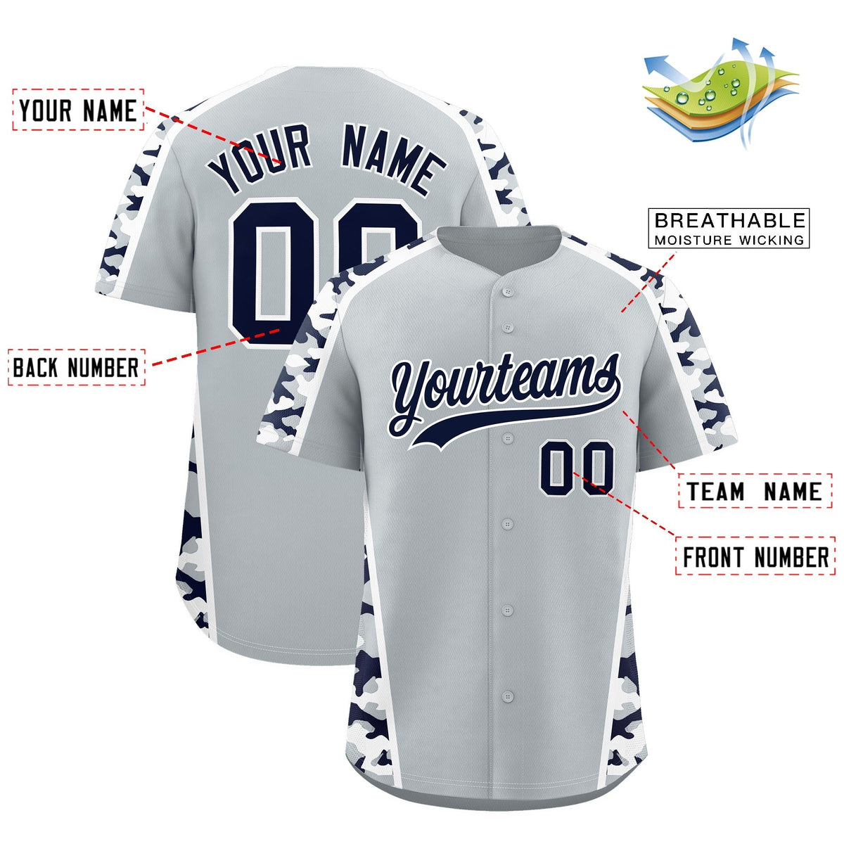 Custom Silver Navy Side Camo Style Personalization Baseball Jersey| KXKSHOP