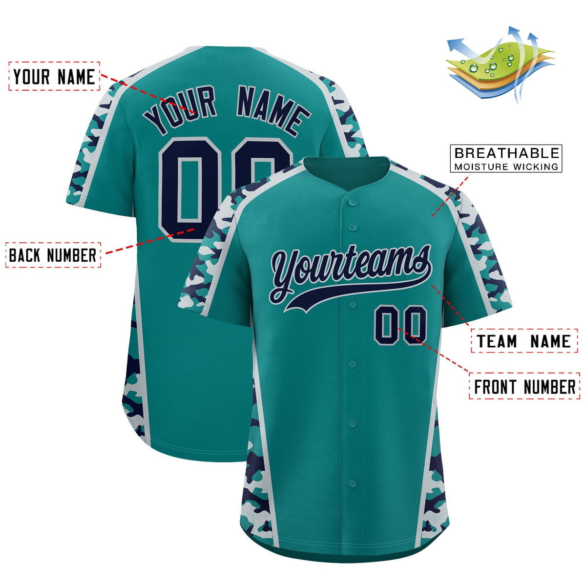 Custom Teal Navy Side Camo Style Personalization Baseball Jersey| KXKSHOP