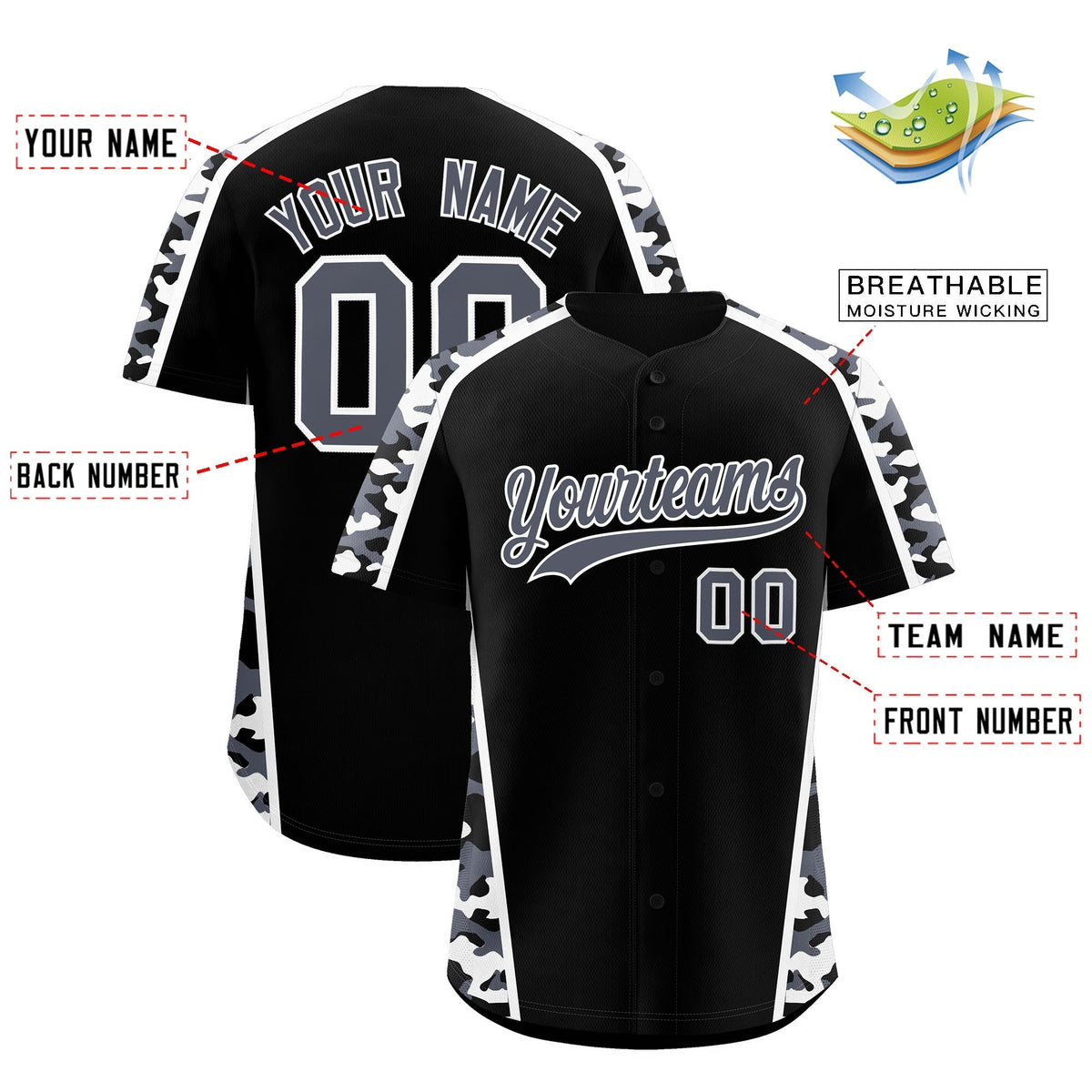 Custom Black Gray Side Camo Style Personalization Baseball Jersey| KXKSHOP