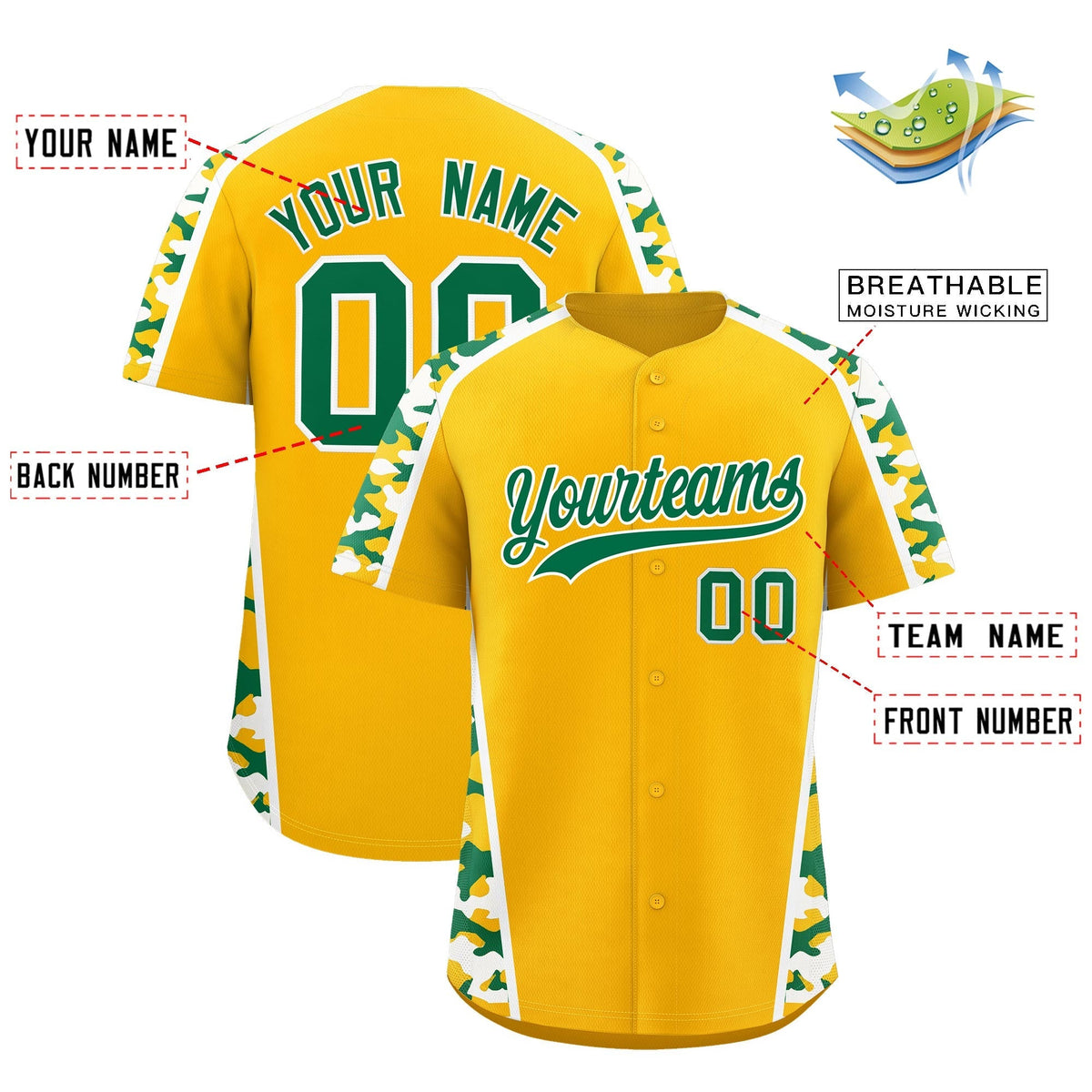Custom Yellow Kelly Green Side Camo Style Personalization Baseball Jersey| KXKSHOP