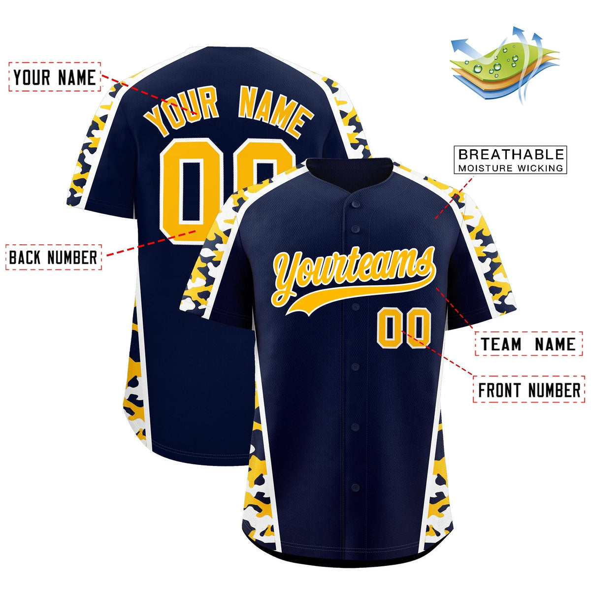 Custom Navy Yellow Side Camo Style Personalization Baseball Jersey| KXKSHOP