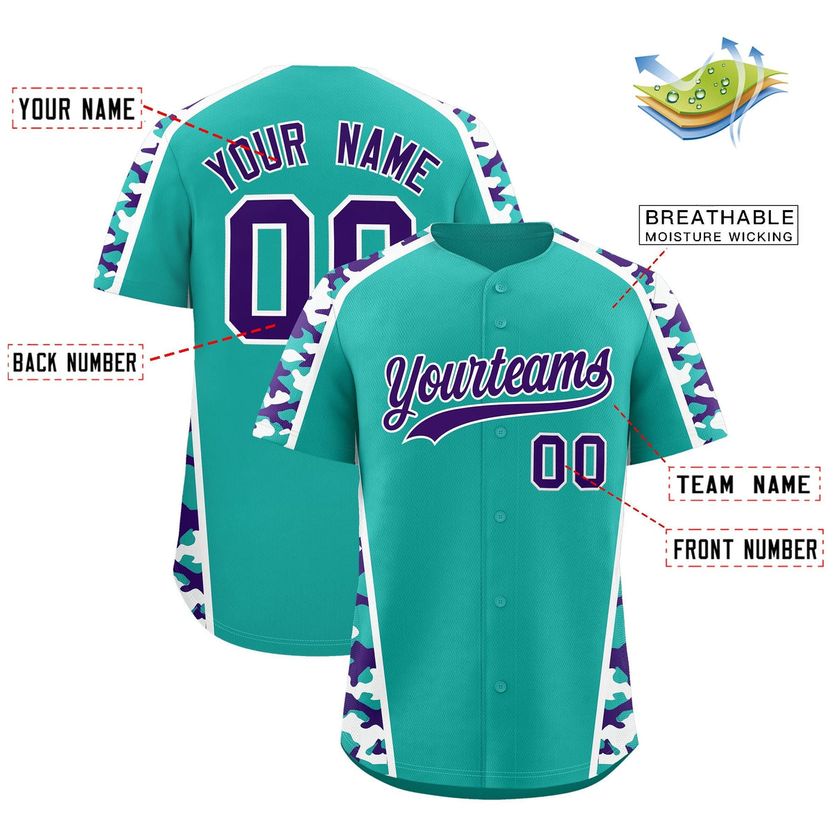 Custom Aqua Purple Side Camo Style Personalization Baseball Jersey| KXKSHOP