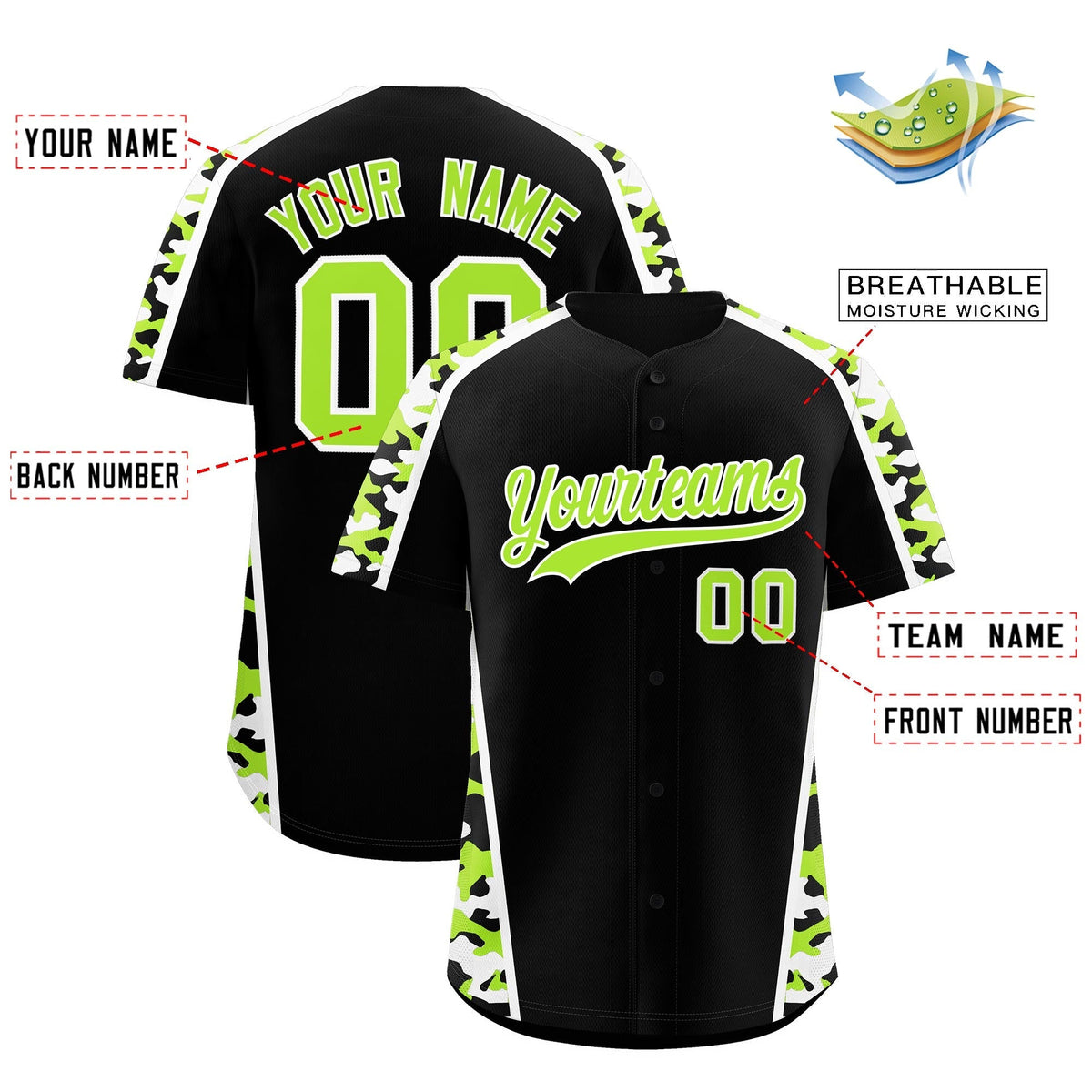 Custom Black Neon Green Side Camo Style Personalization Baseball Jersey| KXKSHOP