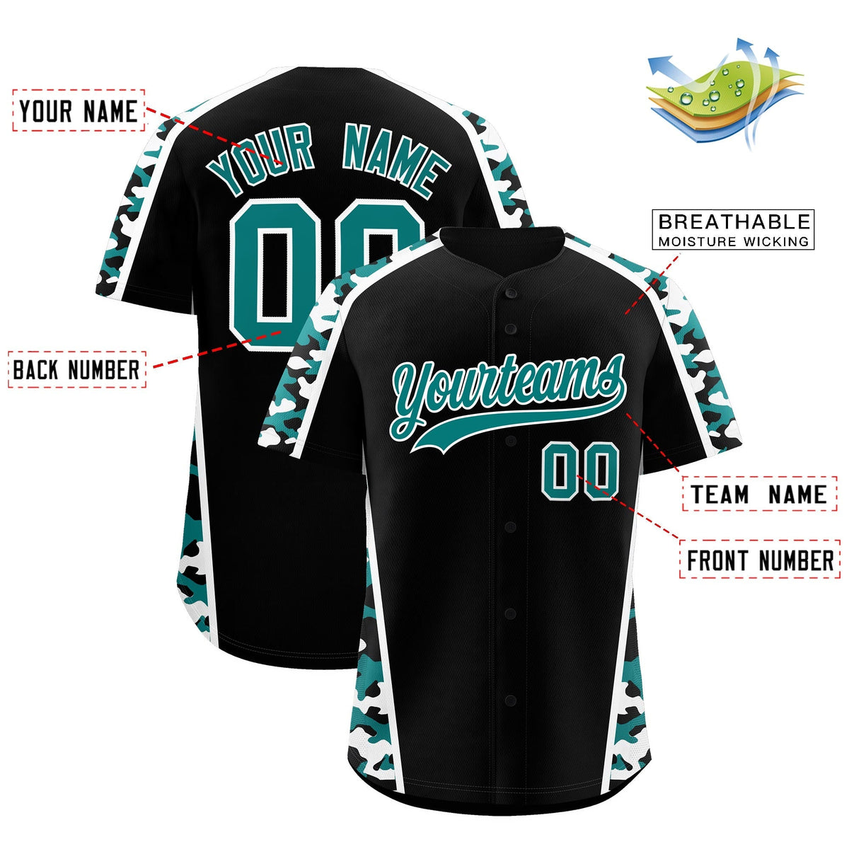 Custom Black Teal White Side Camo Style Personalization Baseball Jersey| KXKSHOP