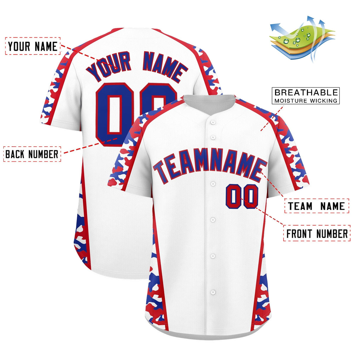 Custom White Royal Blue Side Camo Style Personalization Baseball Jersey| KXKSHOP