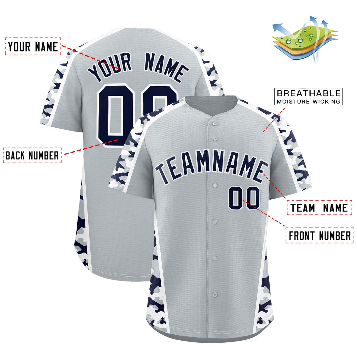Custom Silver Navy Side Camo Style Personalization Baseball Jersey| KXKSHOP