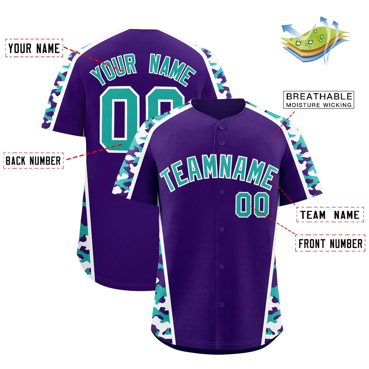Custom Purple Aqua Side Camo Style Personalization Baseball Jersey| KXKSHOP