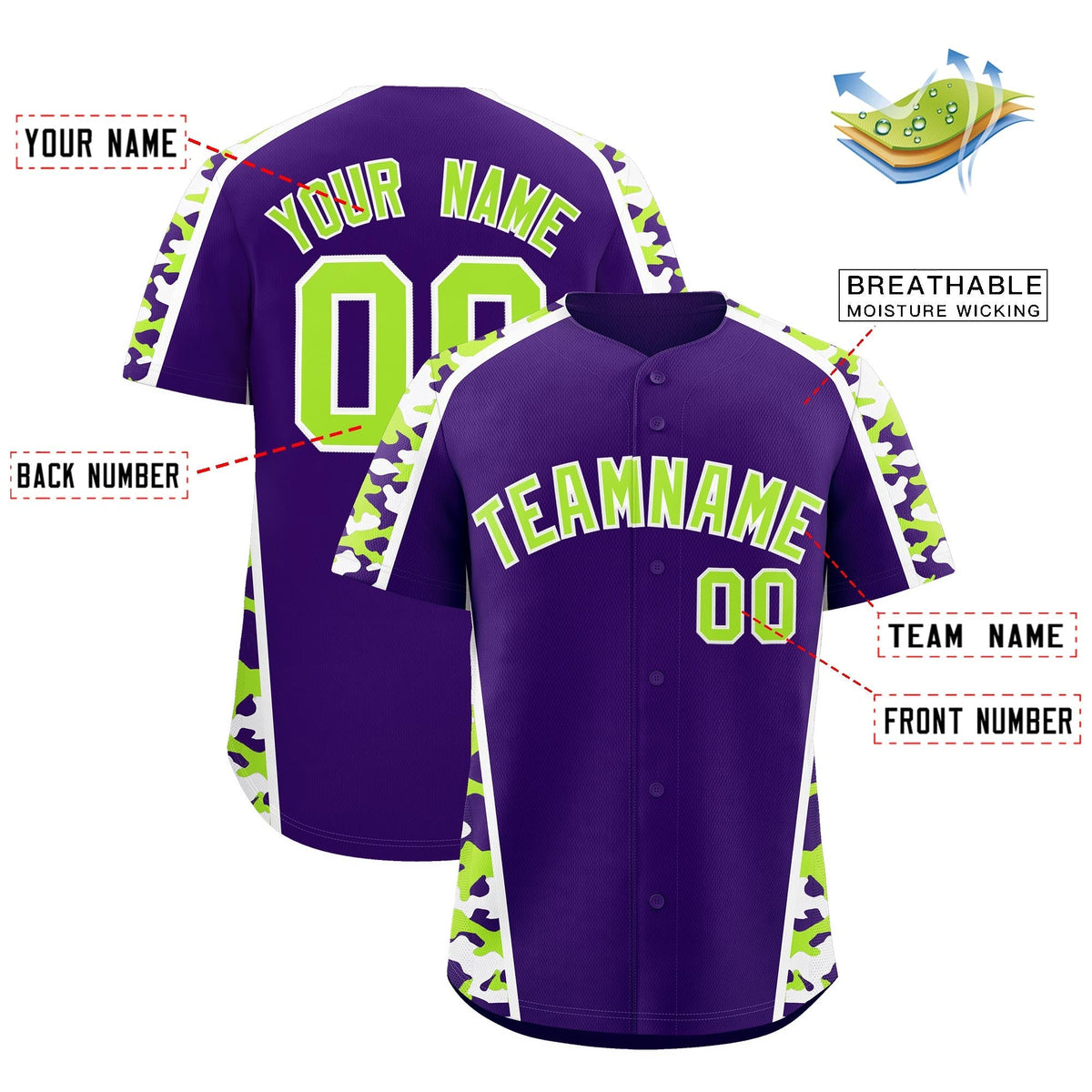 Custom Purple Neon Green Side Camo Style Personalization Baseball Jersey| KXKSHOP
