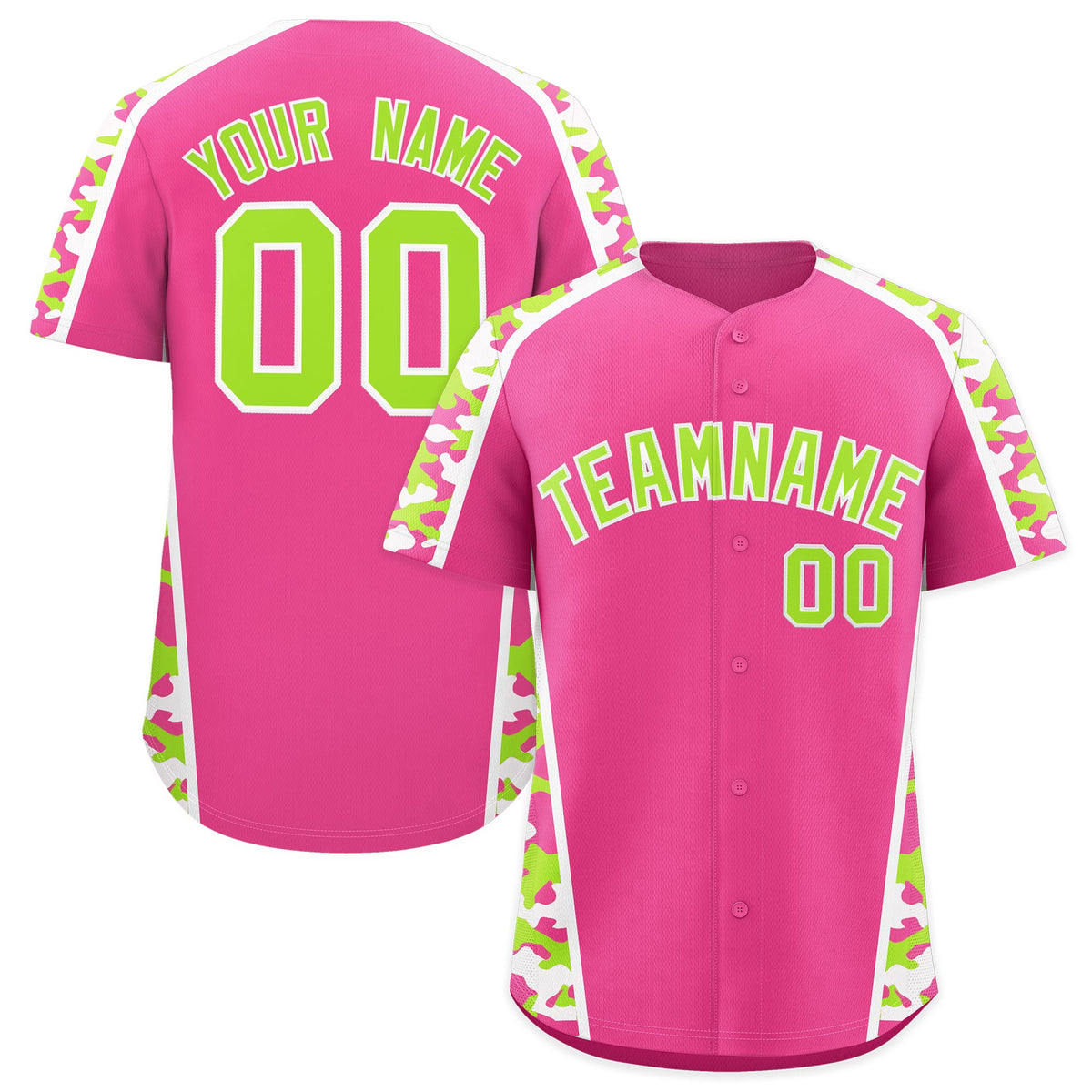 Custom Pink Neon Green Side Camo Style Personalization Baseball Jersey| KXKSHOP