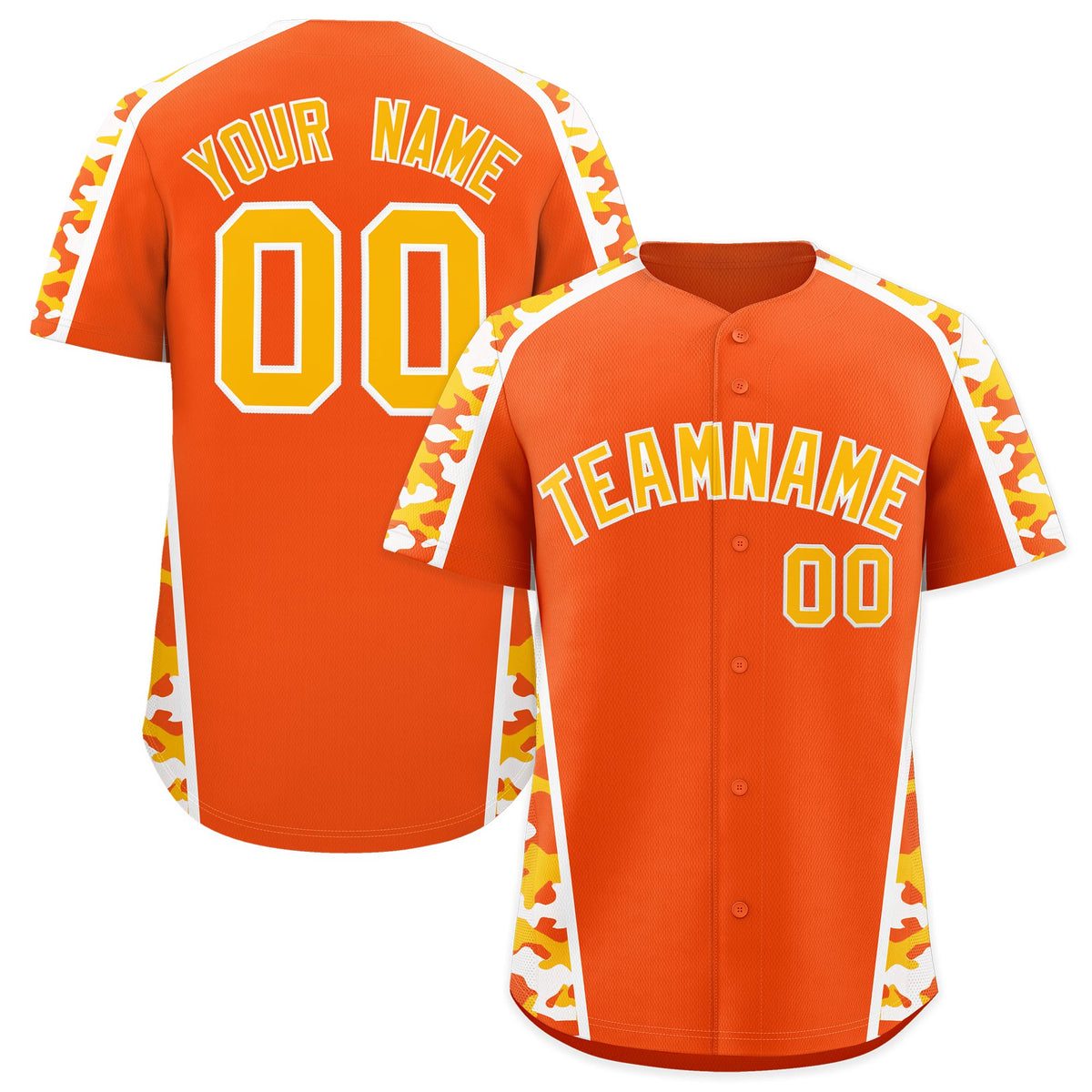Custom Orange Yellow Side Camo Style Personalization Baseball Jersey| KXKSHOP