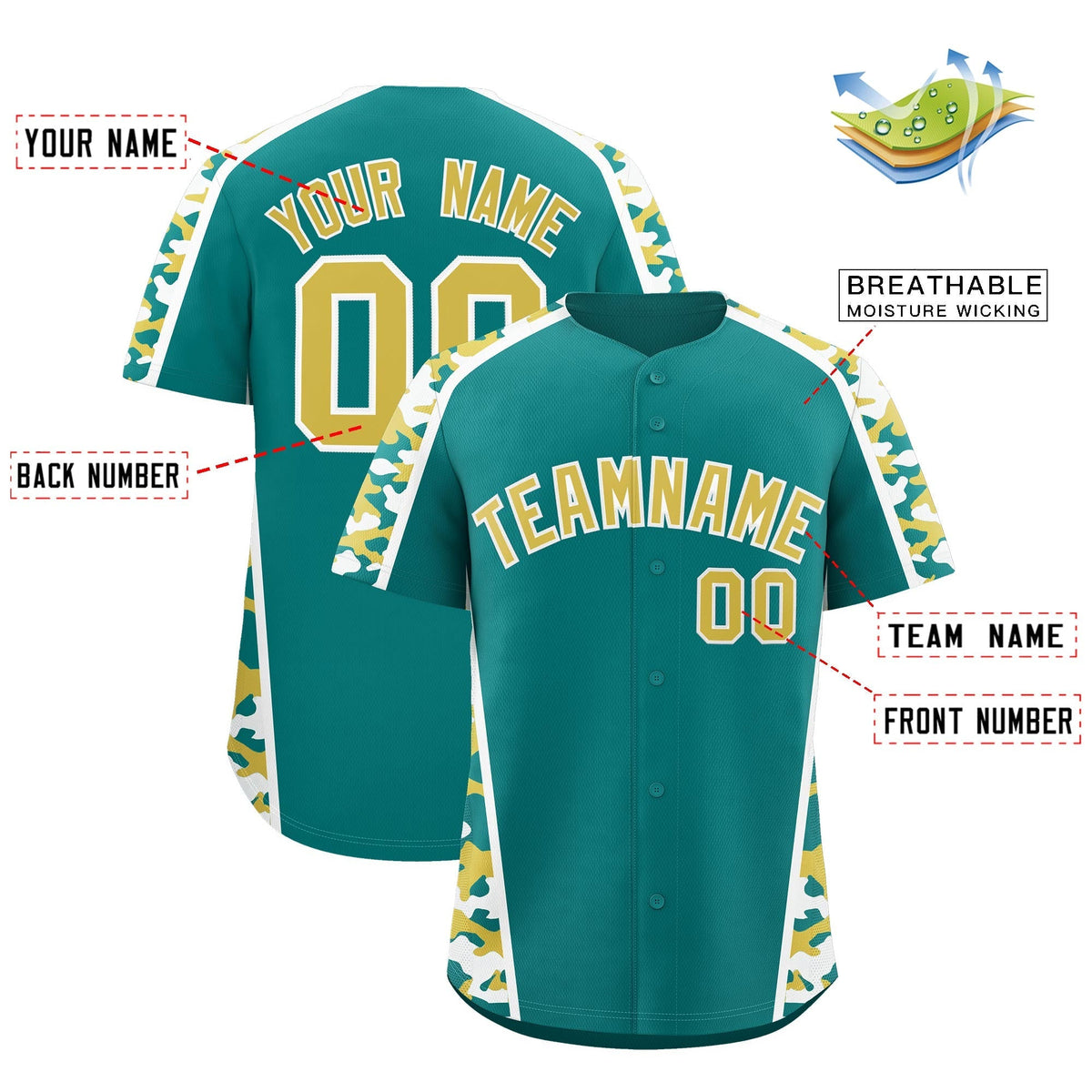 Custom Teal Old Gold Side Camo Style Personalization Baseball Jersey| KXKSHOP