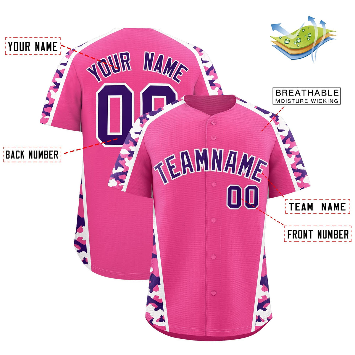 Custom Pink Purple Side Camo Style Personalization Baseball Jersey| KXKSHOP