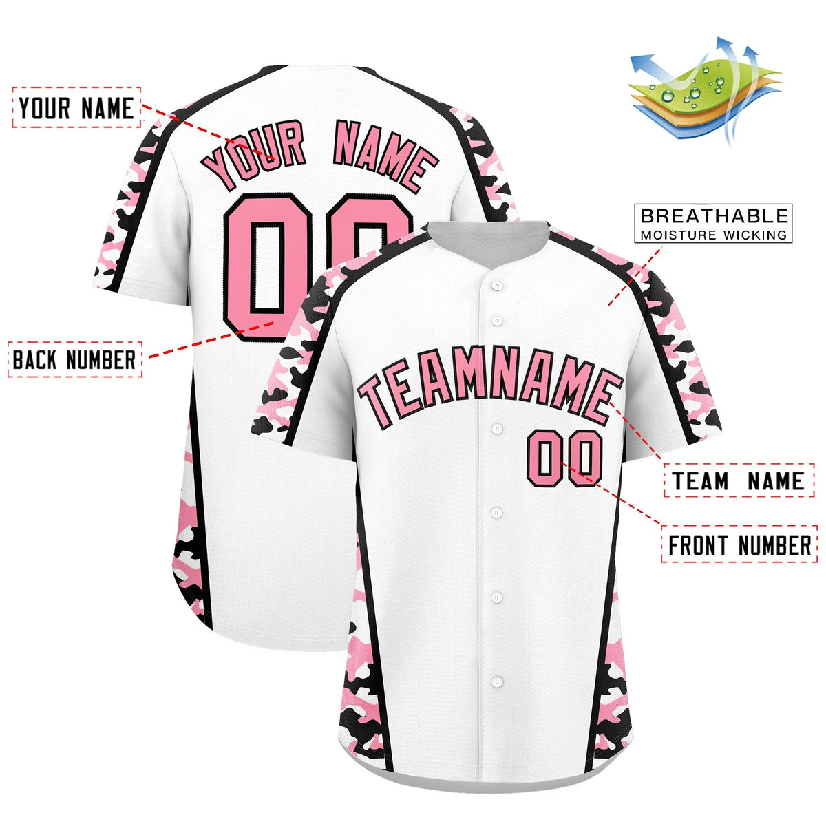 Custom White Light Pink Side Camo Style Personalization Baseball Jersey| KXKSHOP