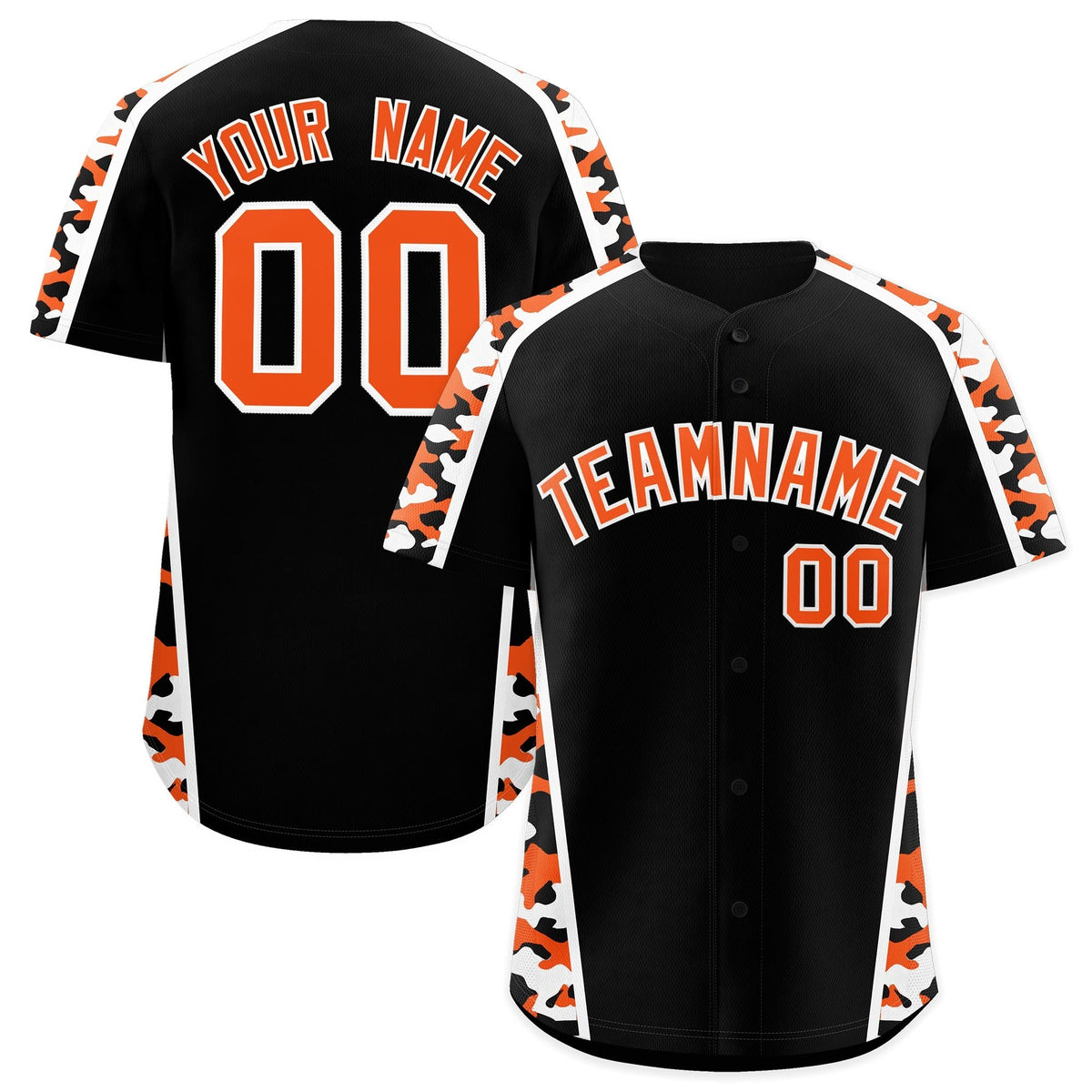 Custom Black Orange Side Camo Style Personalization Baseball Jersey| KXKSHOP