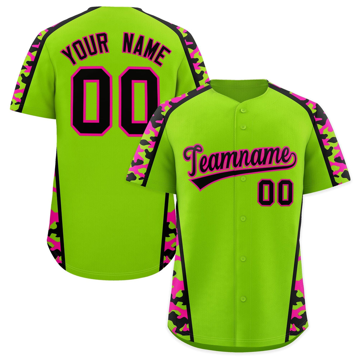 Custom Neon Green Black Pink Side Camo Style Personalization Baseball Jersey| KXKSHOP