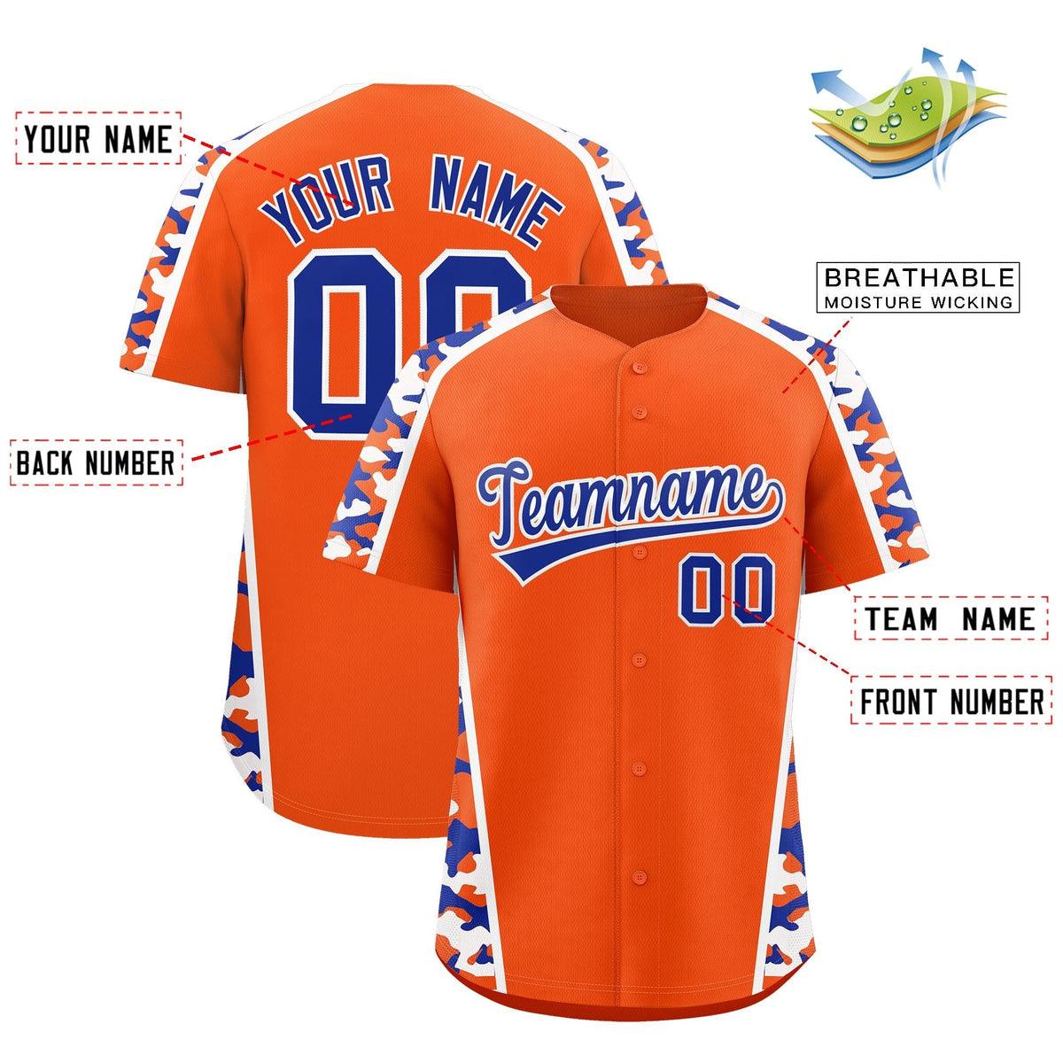 Custom Orange Royal Blue Side Camo Style Personalization Baseball Jersey| KXKSHOP